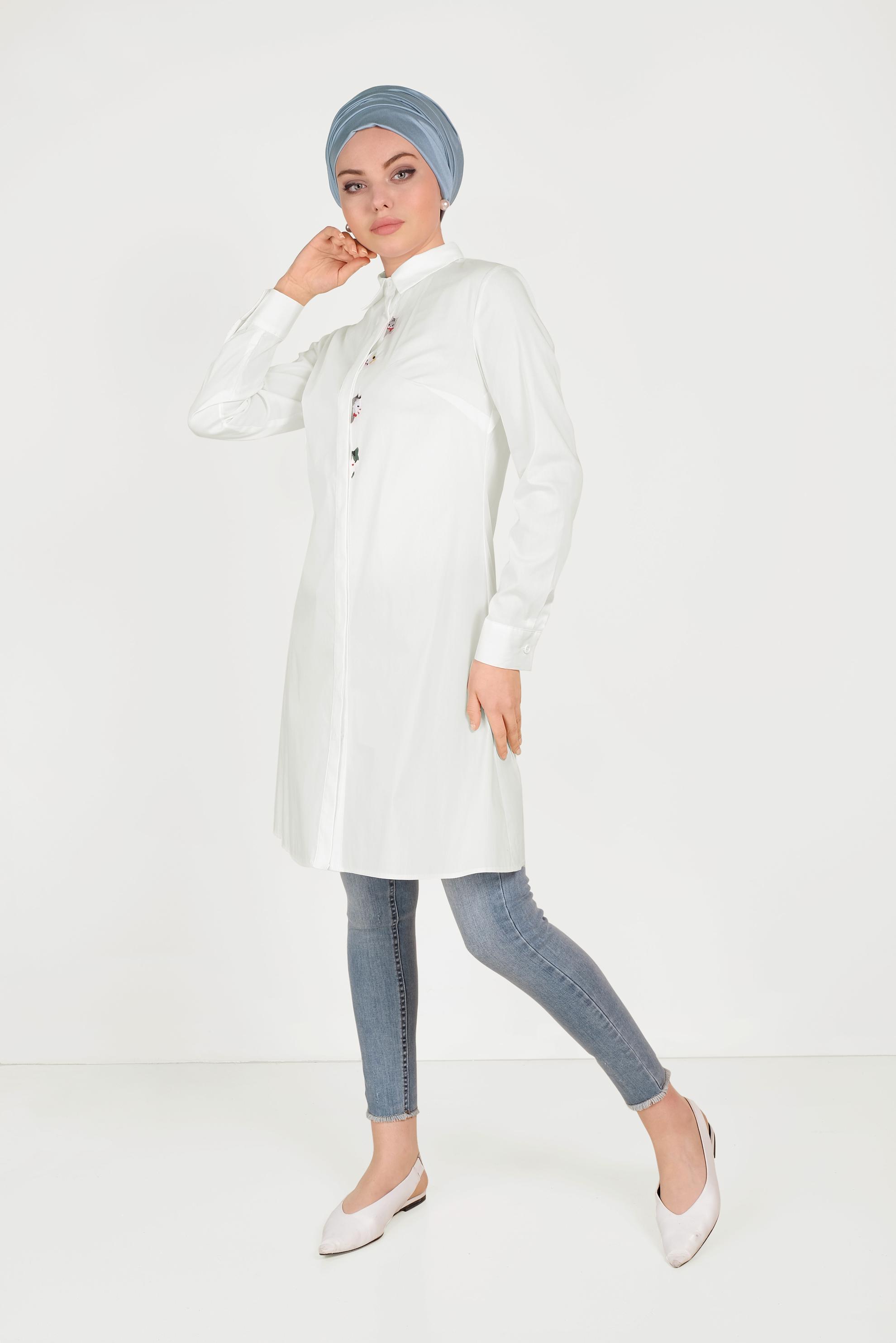 Vêtements hijab BLANC TUNIQUE EN COTON BRODÉ À FIGURE CHATS 40450