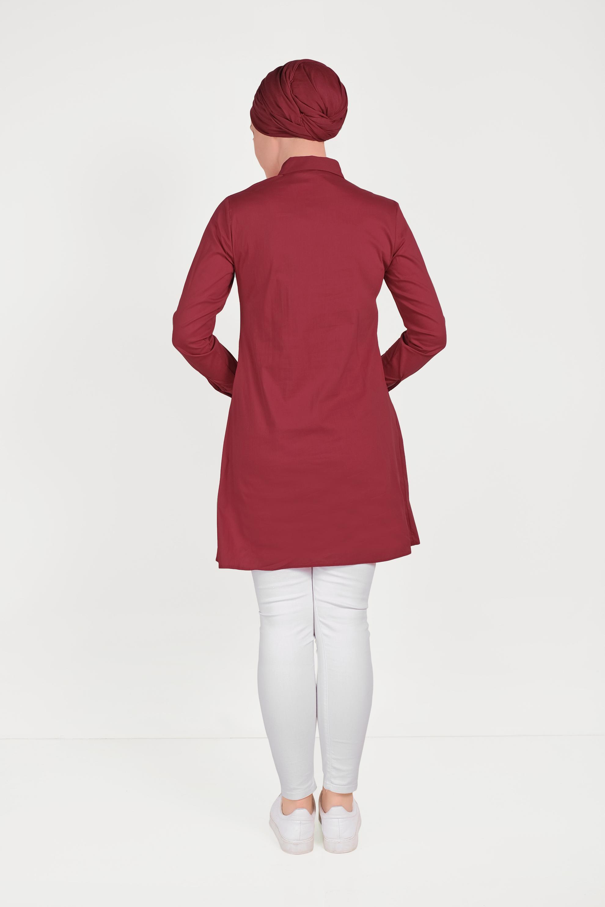 Tesettür giyim KIRMIZI PAMUKLU KEDİ FİGÜRÜ NAKIŞLI TUNİK 40450