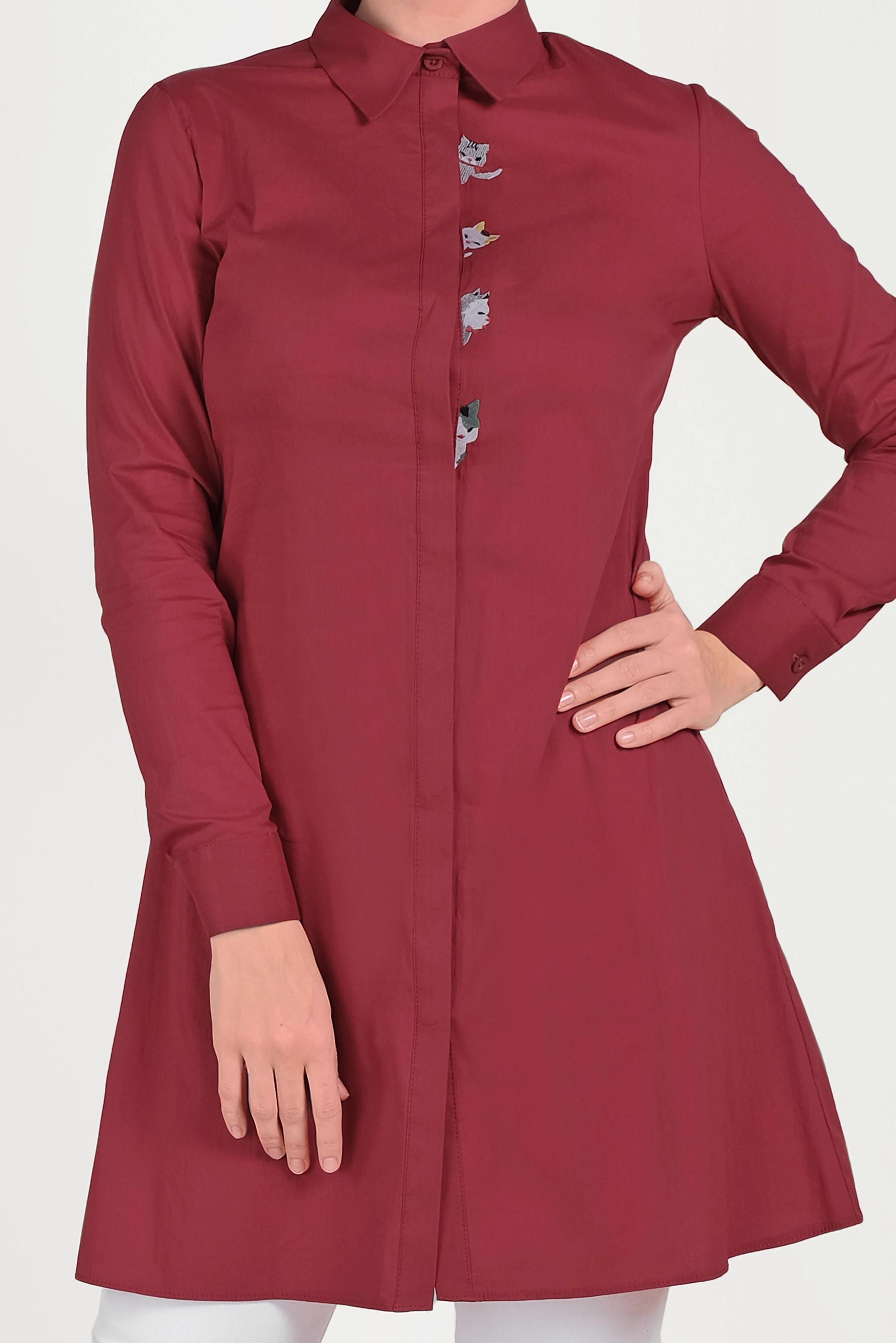 Tesettür giyim KIRMIZI PAMUKLU KEDİ FİGÜRÜ NAKIŞLI TUNİK 40450