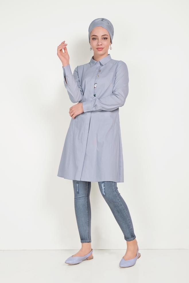 Tesettür giyim  PAMUKLU KEDİ FİGÜRÜ NAKIŞLI TUNİK 40450 - ALVİNA