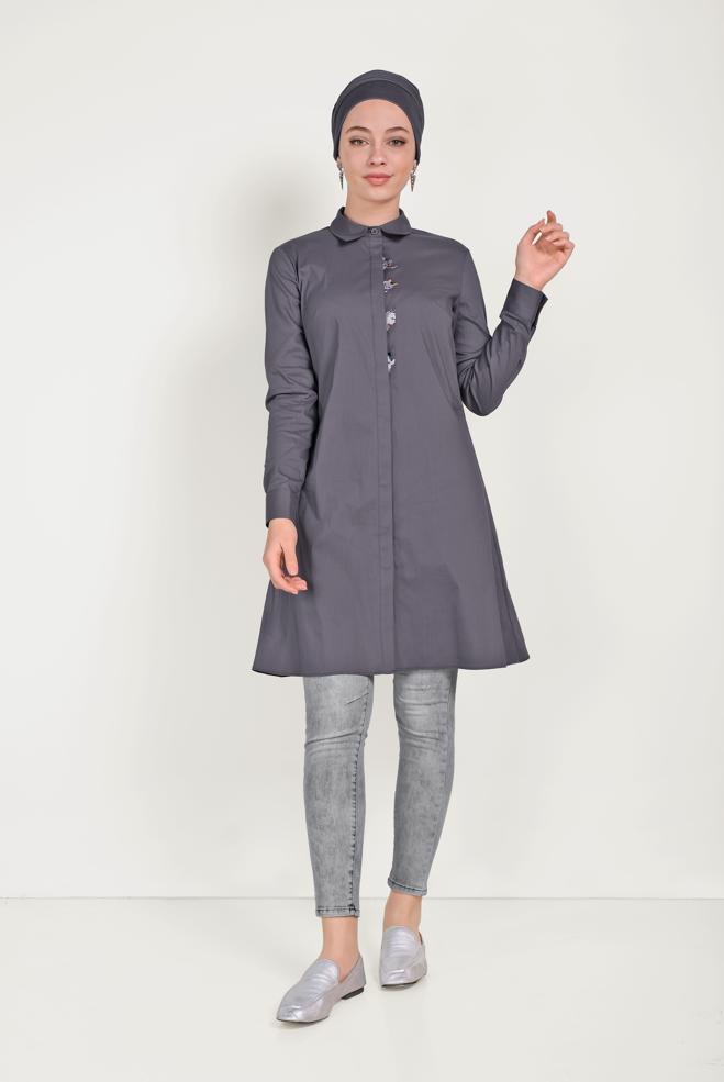 Tesettür giyim  PAMUKLU KEDİ FİGÜRÜ NAKIŞLI TUNİK 40450 - ALVİNA