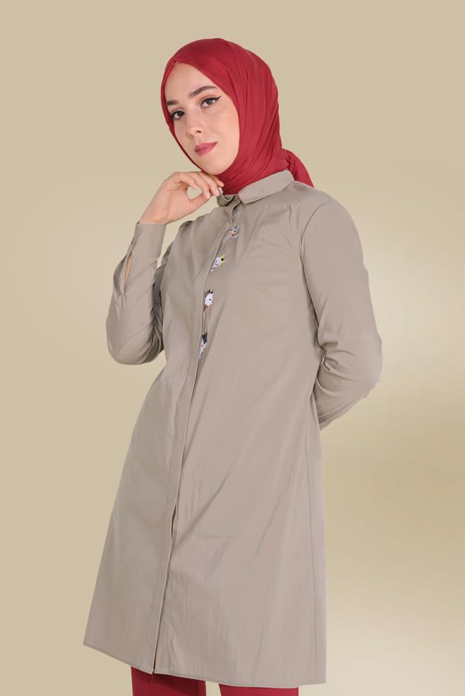 Tesettür giyim  PAMUKLU KEDİ FİGÜRÜ NAKIŞLI TUNİK 40450 - ALVİNA