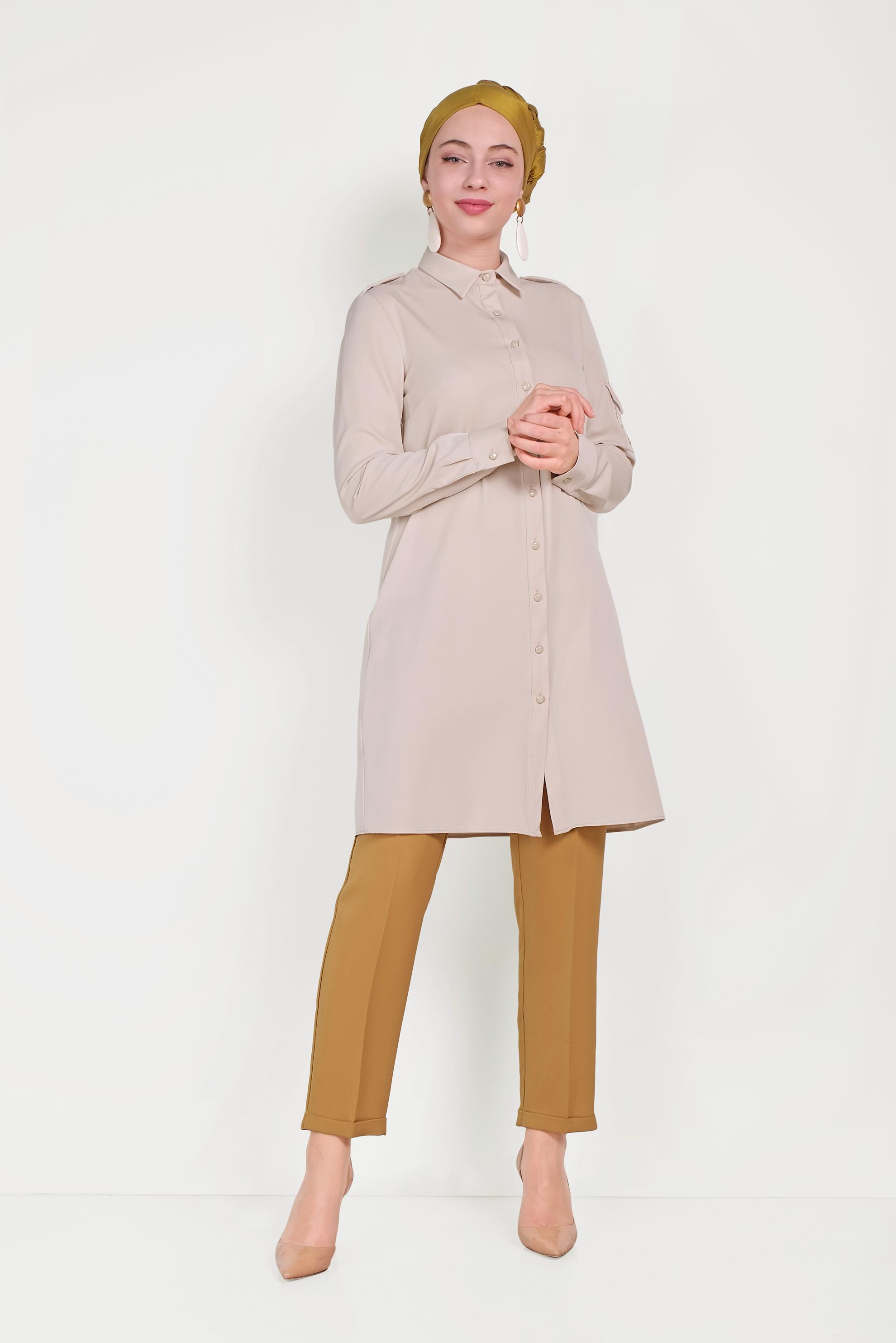 Tesettür giyim BEJ ERKEK YAKA DÜĞMELİ TUNİK 40453