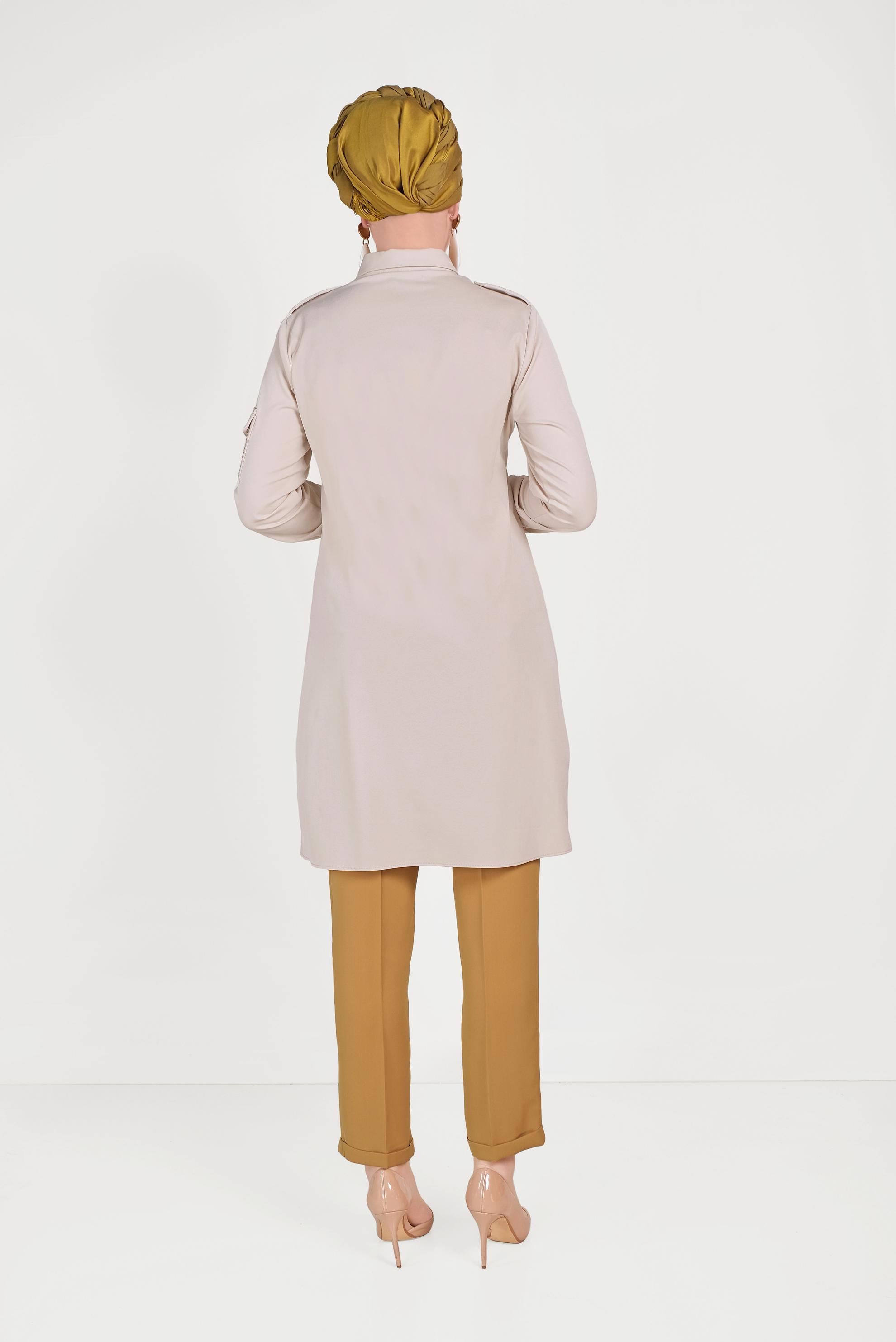 Tesettür giyim BEJ ERKEK YAKA DÜĞMELİ TUNİK 40453