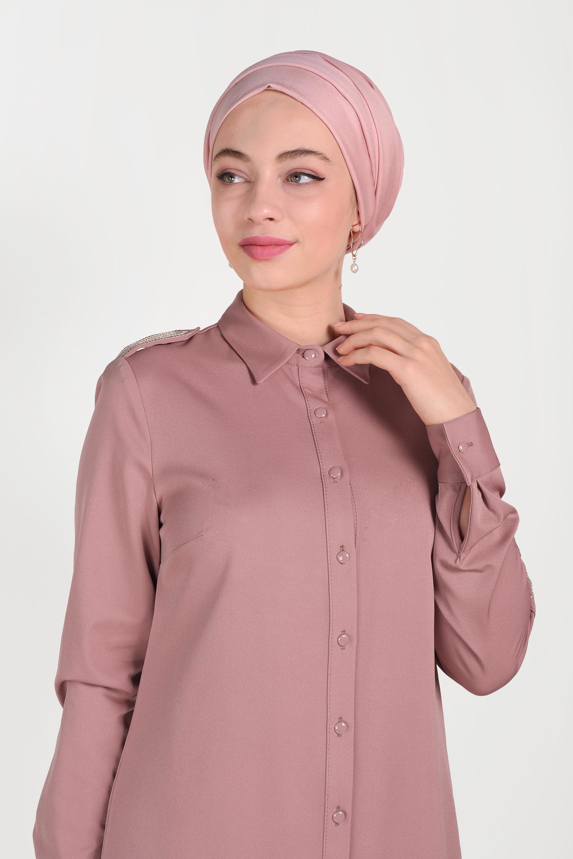 Tesettür giyim PEMBE ERKEK YAKA DÜĞMELİ TUNİK 40453