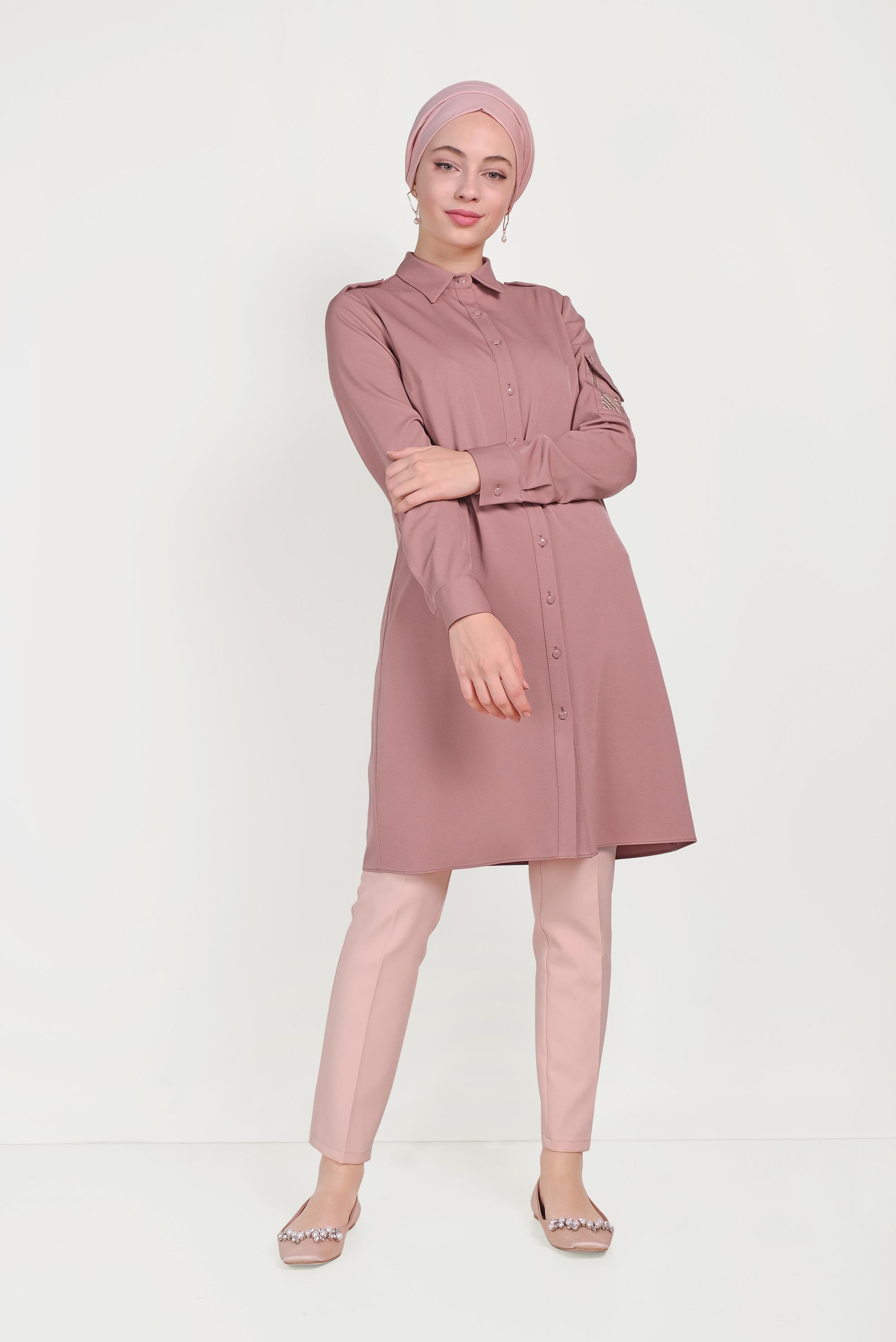 Tesettür giyim PEMBE ERKEK YAKA DÜĞMELİ TUNİK 40453