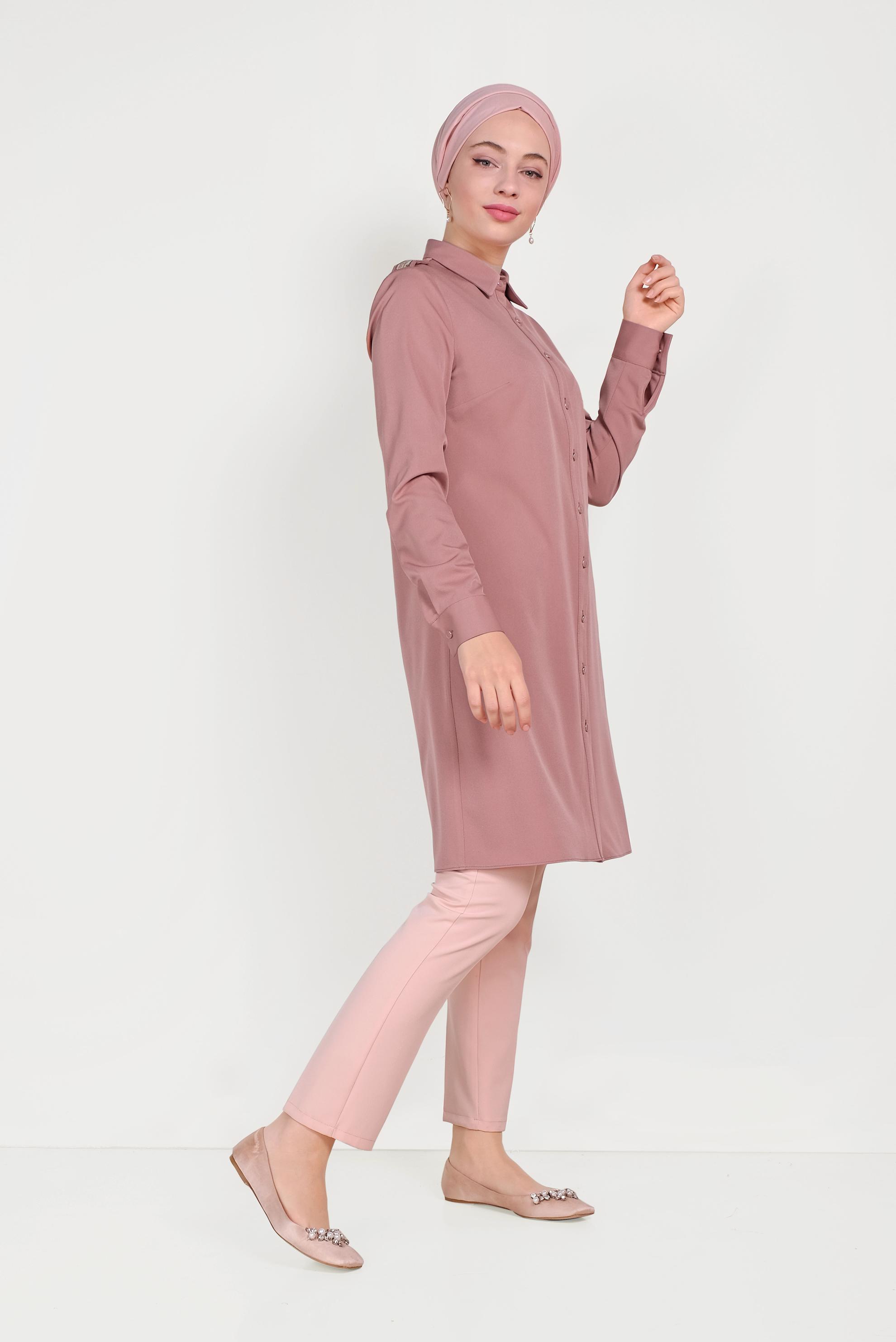 Tesettür giyim PEMBE ERKEK YAKA DÜĞMELİ TUNİK 40453