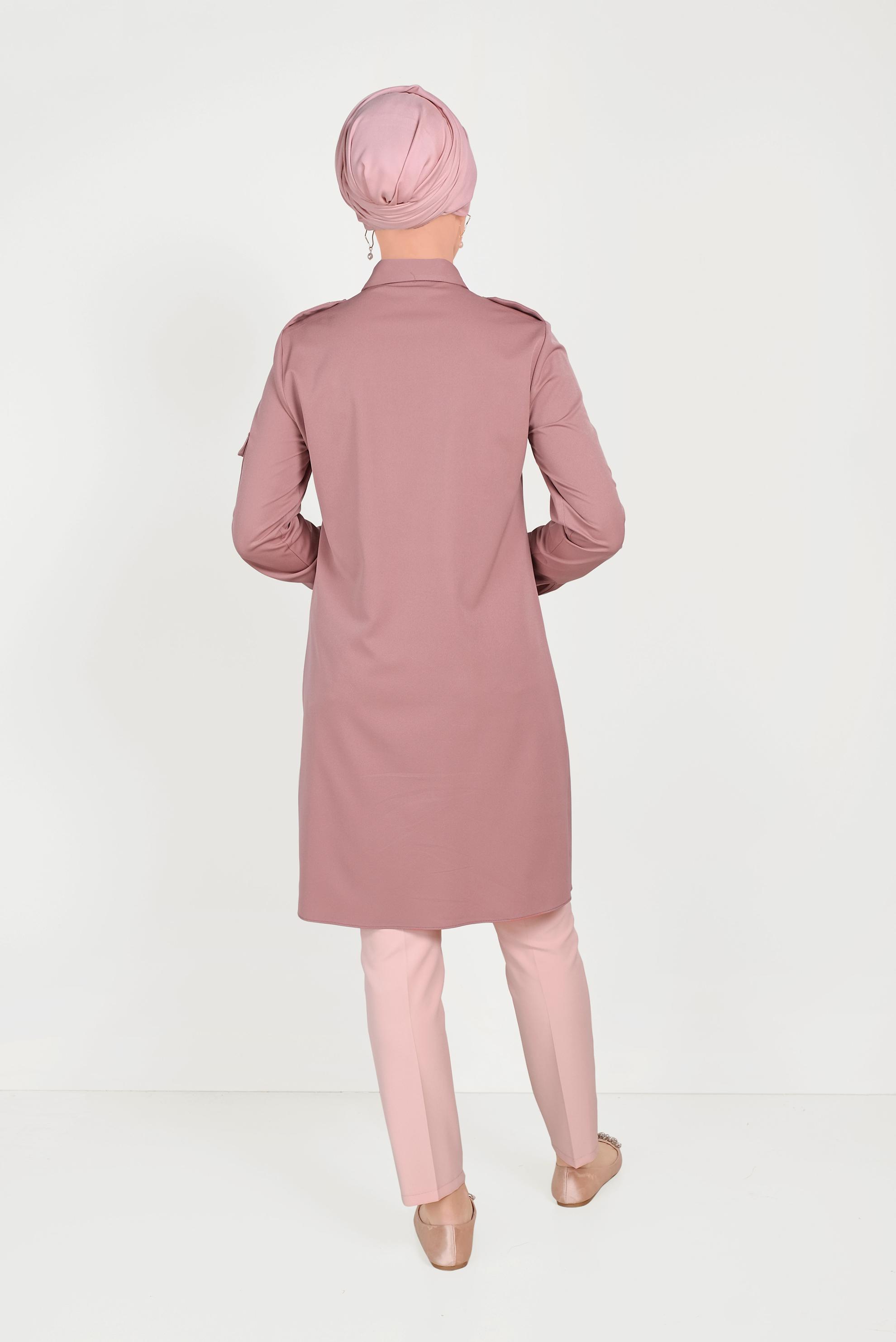 Tesettür giyim PEMBE ERKEK YAKA DÜĞMELİ TUNİK 40453
