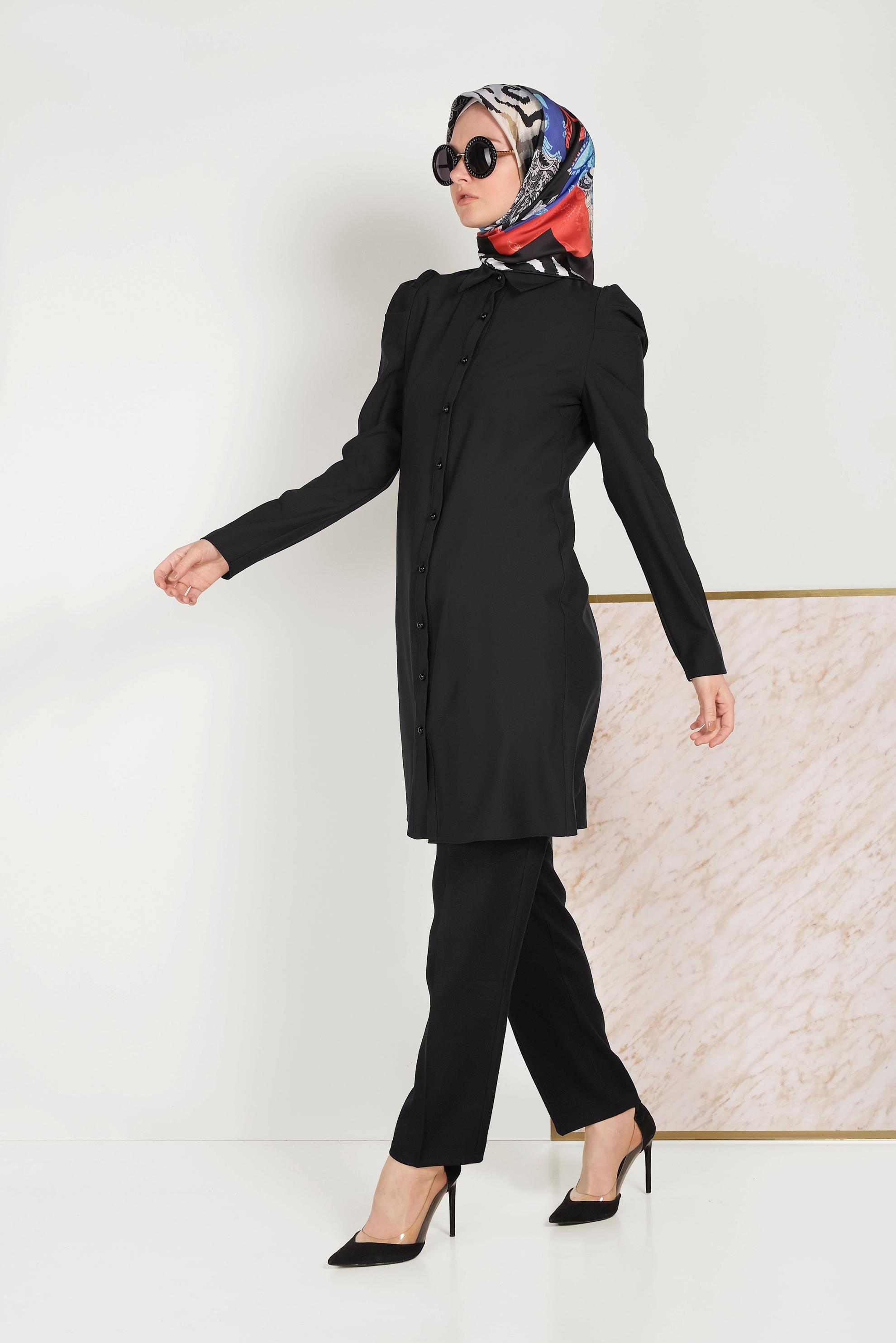 Tesettür giyim SİYAH KLASİK KESİM DÜĞMELİ TUNİK 40454