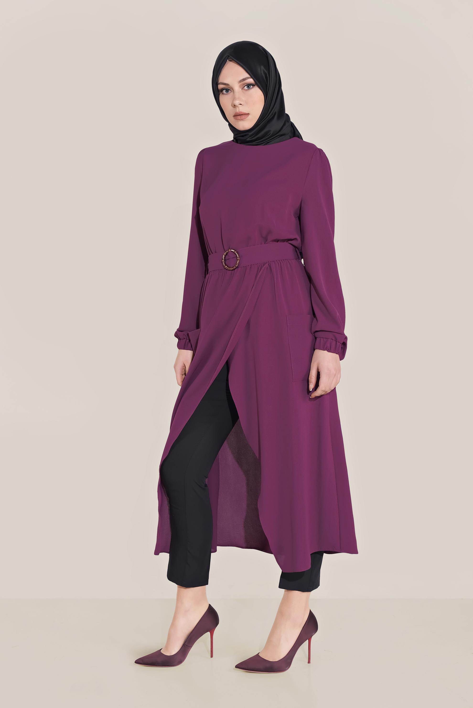 Tesettür giyim MOR CEPLİ ASİMETRİK TUNİK 40456