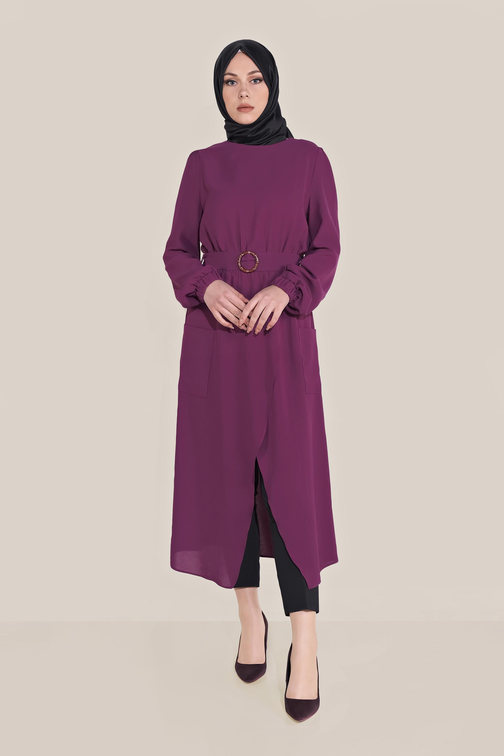 Tesettür giyim MOR CEPLİ ASİMETRİK TUNİK 40456