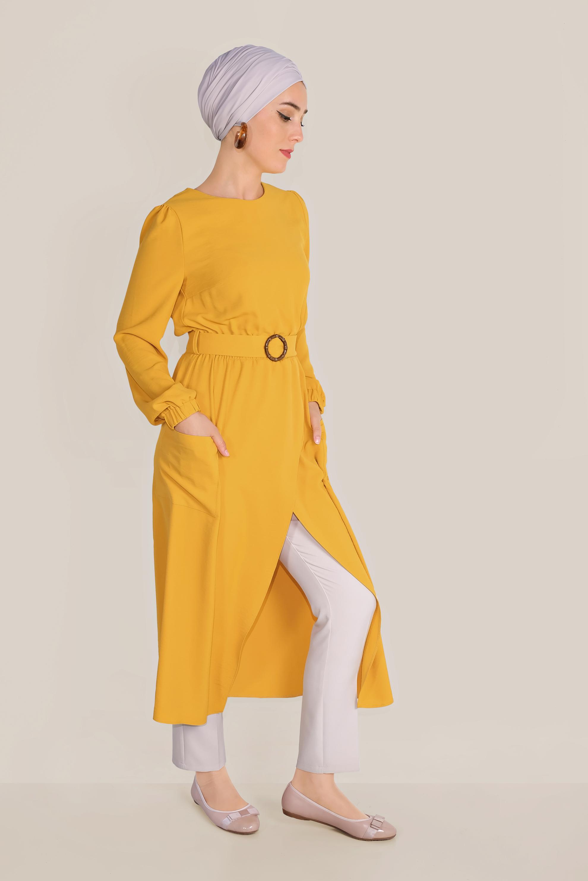 Tesettür giyim SARI CEPLİ ASİMETRİK TUNİK 40456
