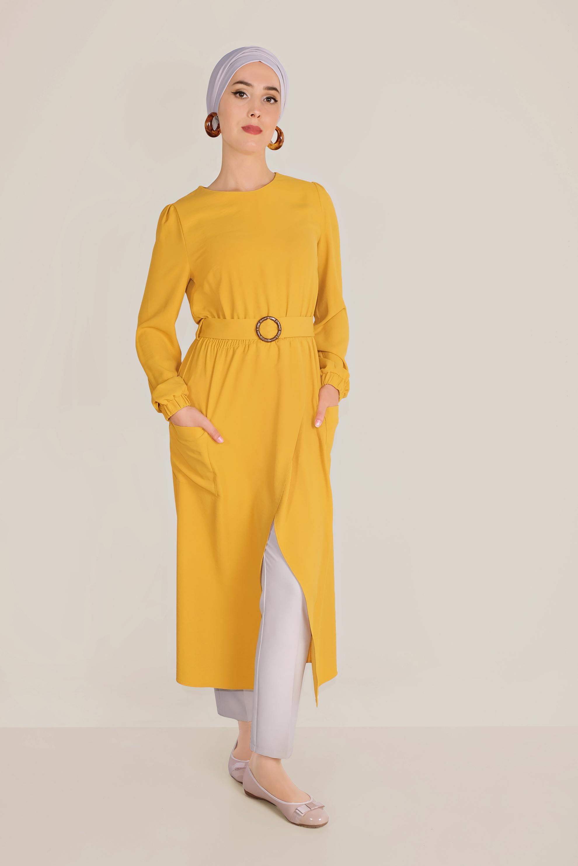 Tesettür giyim SARI CEPLİ ASİMETRİK TUNİK 40456
