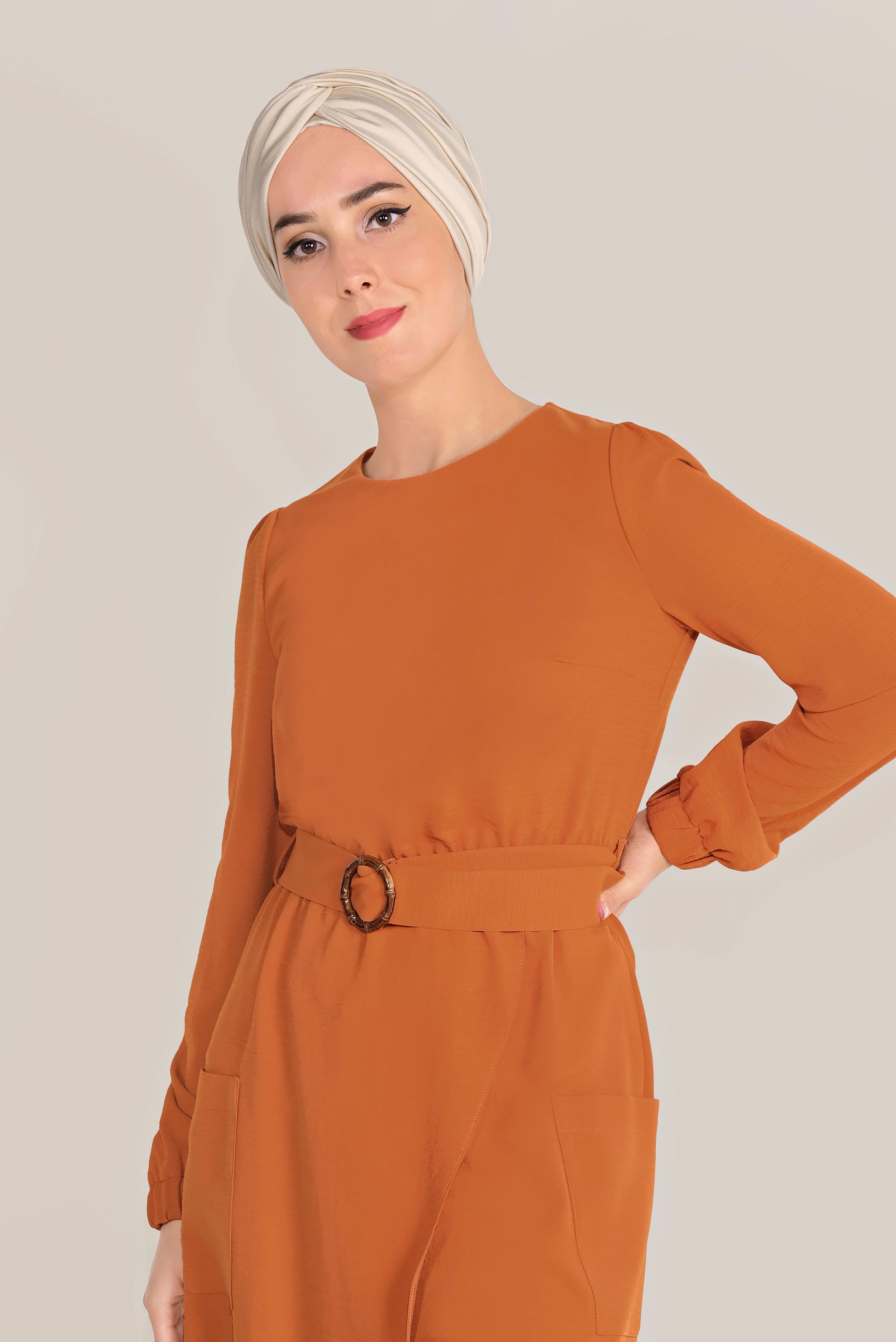 Tesettür giyim TURUNCU CEPLİ ASİMETRİK TUNİK 40456