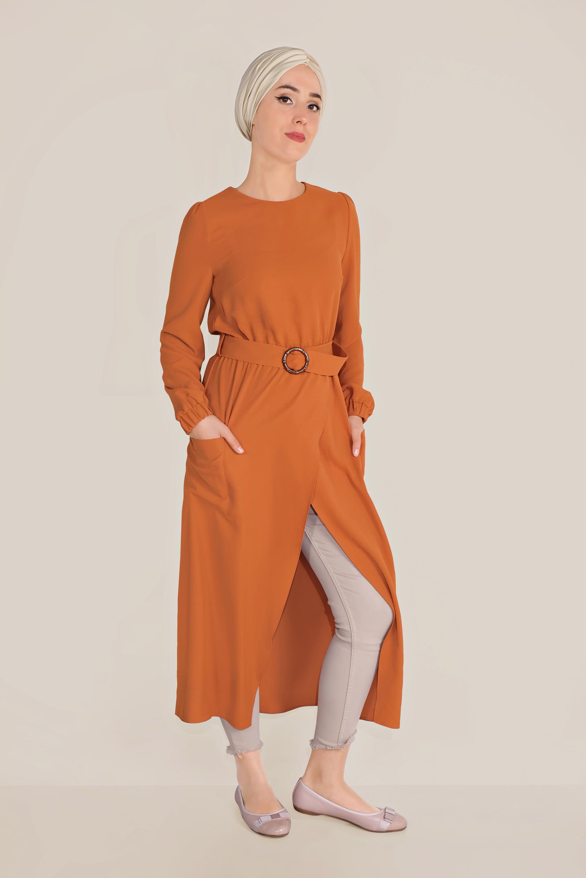 Tesettür giyim TURUNCU CEPLİ ASİMETRİK TUNİK 40456
