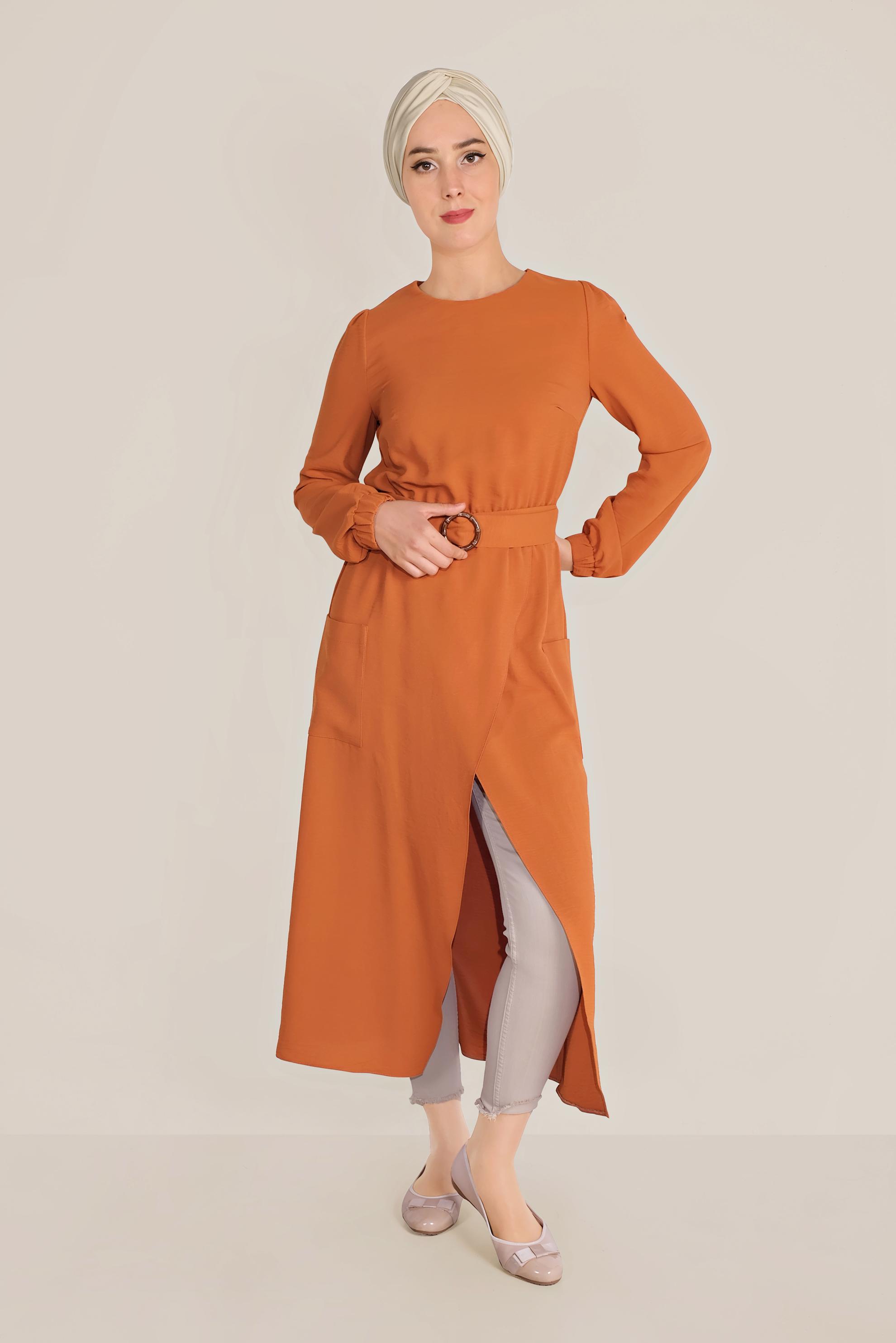 Tesettür giyim TURUNCU CEPLİ ASİMETRİK TUNİK 40456