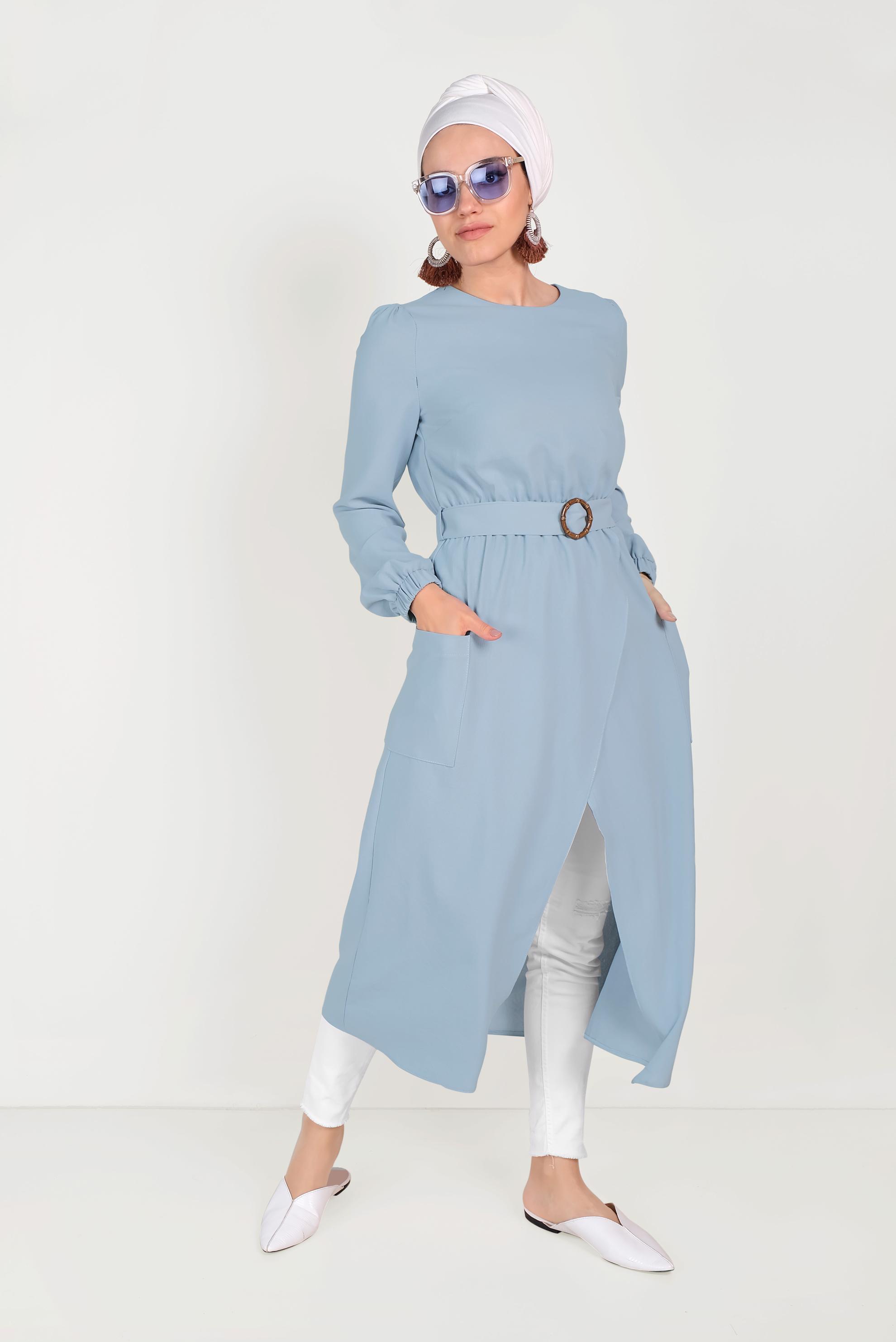 Tesettür giyim MAVİ CEPLİ ASİMETRİK TUNİK 40456