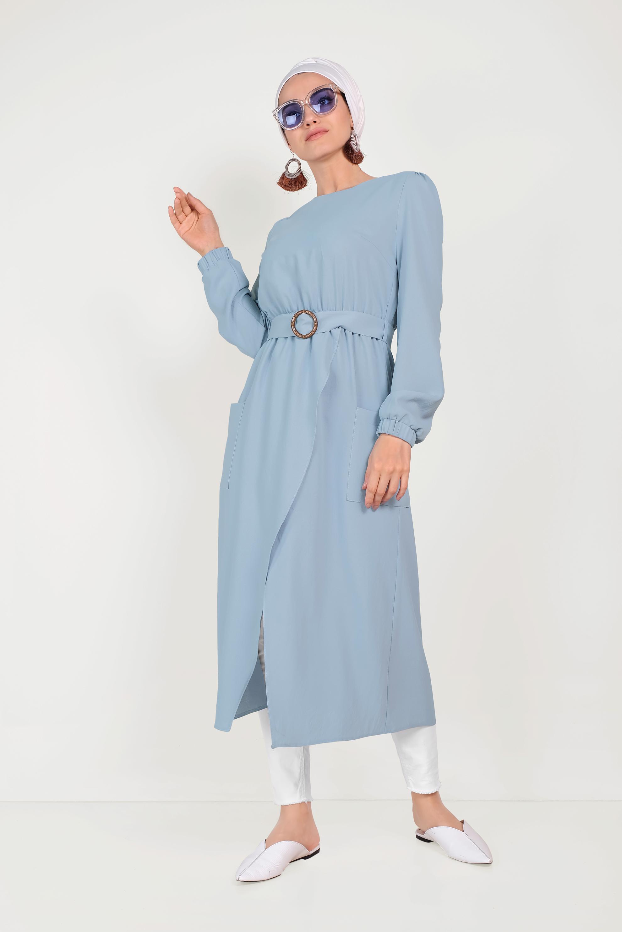 Tesettür giyim MAVİ CEPLİ ASİMETRİK TUNİK 40456