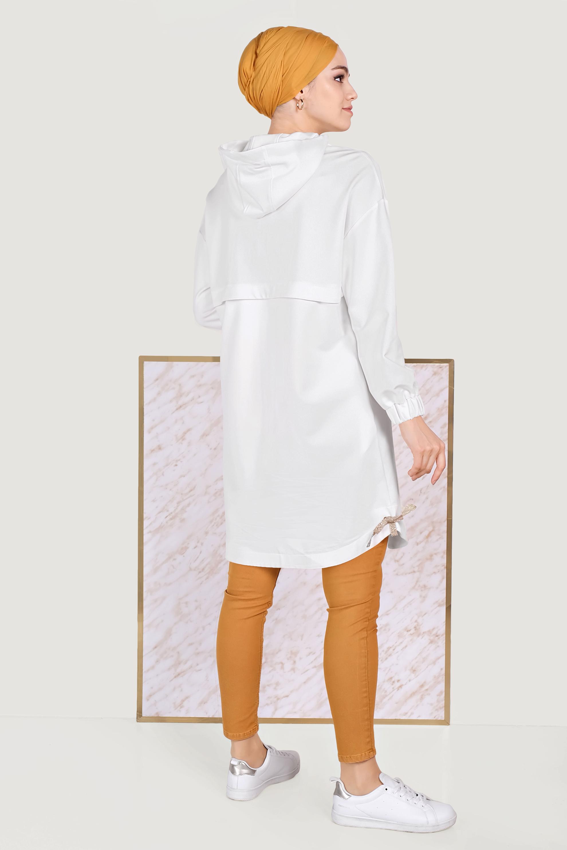 Tesettür giyim BEYAZ MANŞETLERİ LASTİKLİ KAPÜŞONLU TUNİK 40467