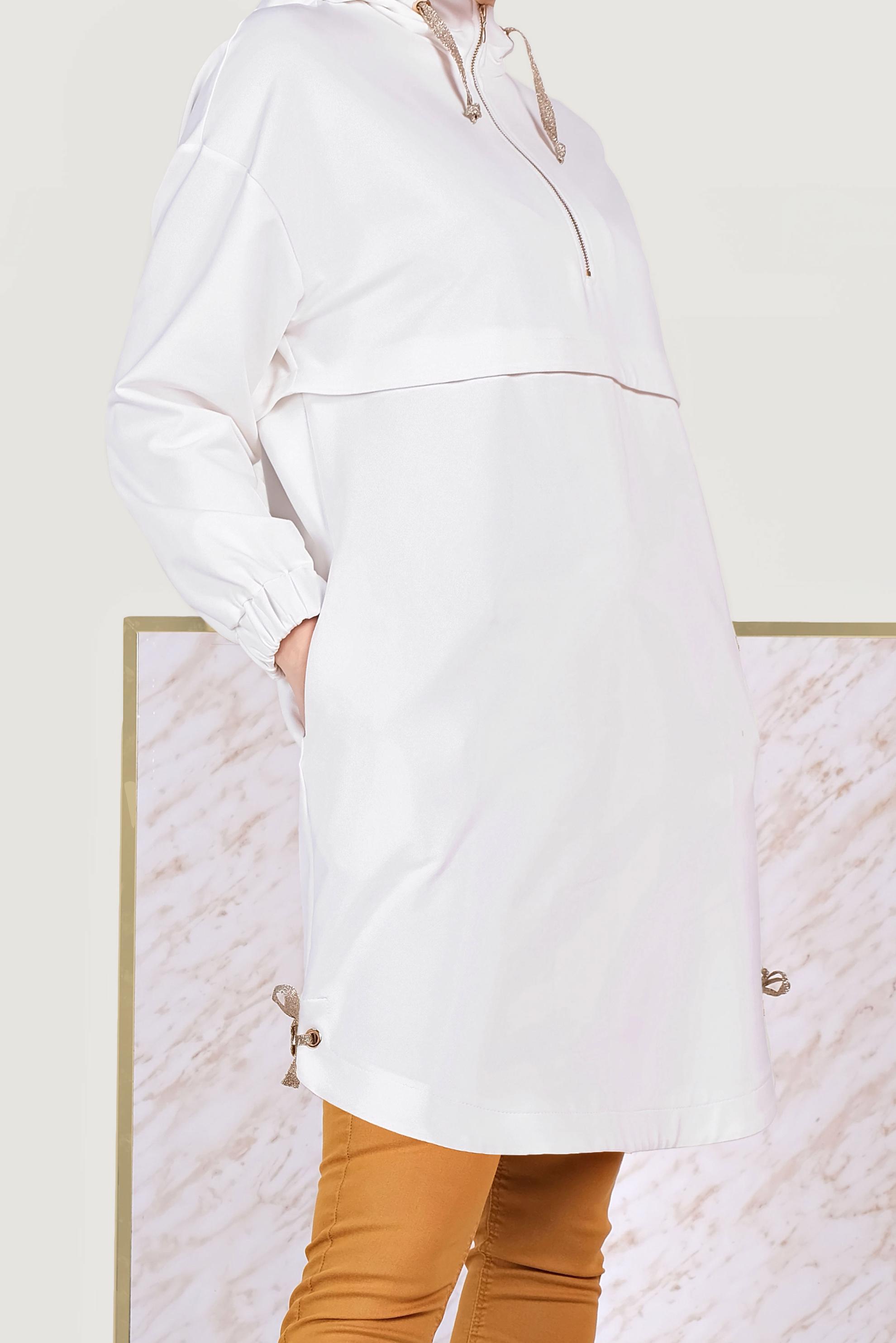 Tesettür giyim BEYAZ MANŞETLERİ LASTİKLİ KAPÜŞONLU TUNİK 40467