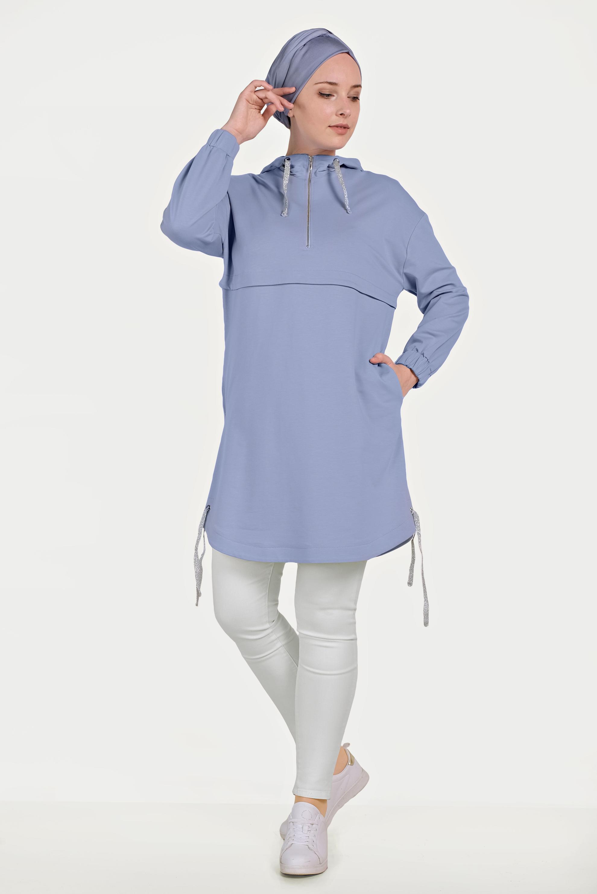 Tesettür giyim MAVİ MANŞETLERİ LASTİKLİ KAPÜŞONLU TUNİK 40467