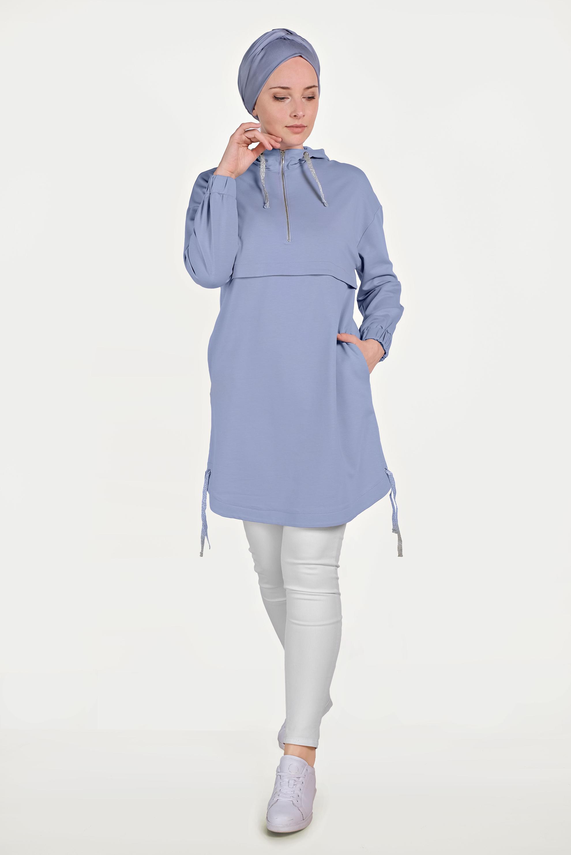 Tesettür giyim MAVİ MANŞETLERİ LASTİKLİ KAPÜŞONLU TUNİK 40467