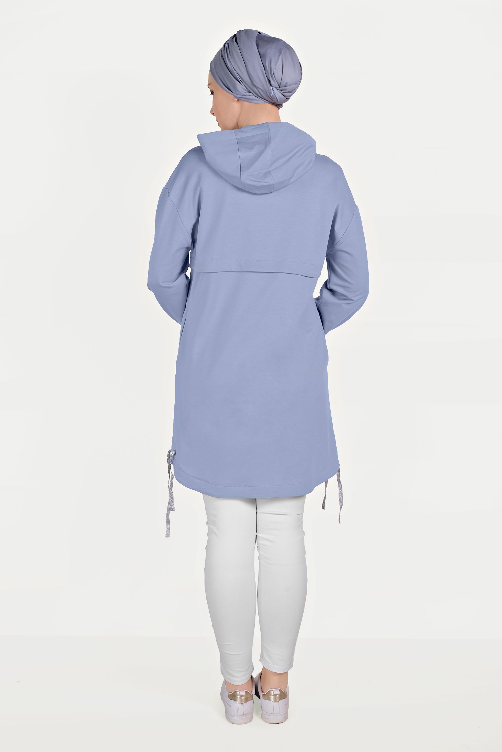 Tesettür giyim MAVİ MANŞETLERİ LASTİKLİ KAPÜŞONLU TUNİK 40467