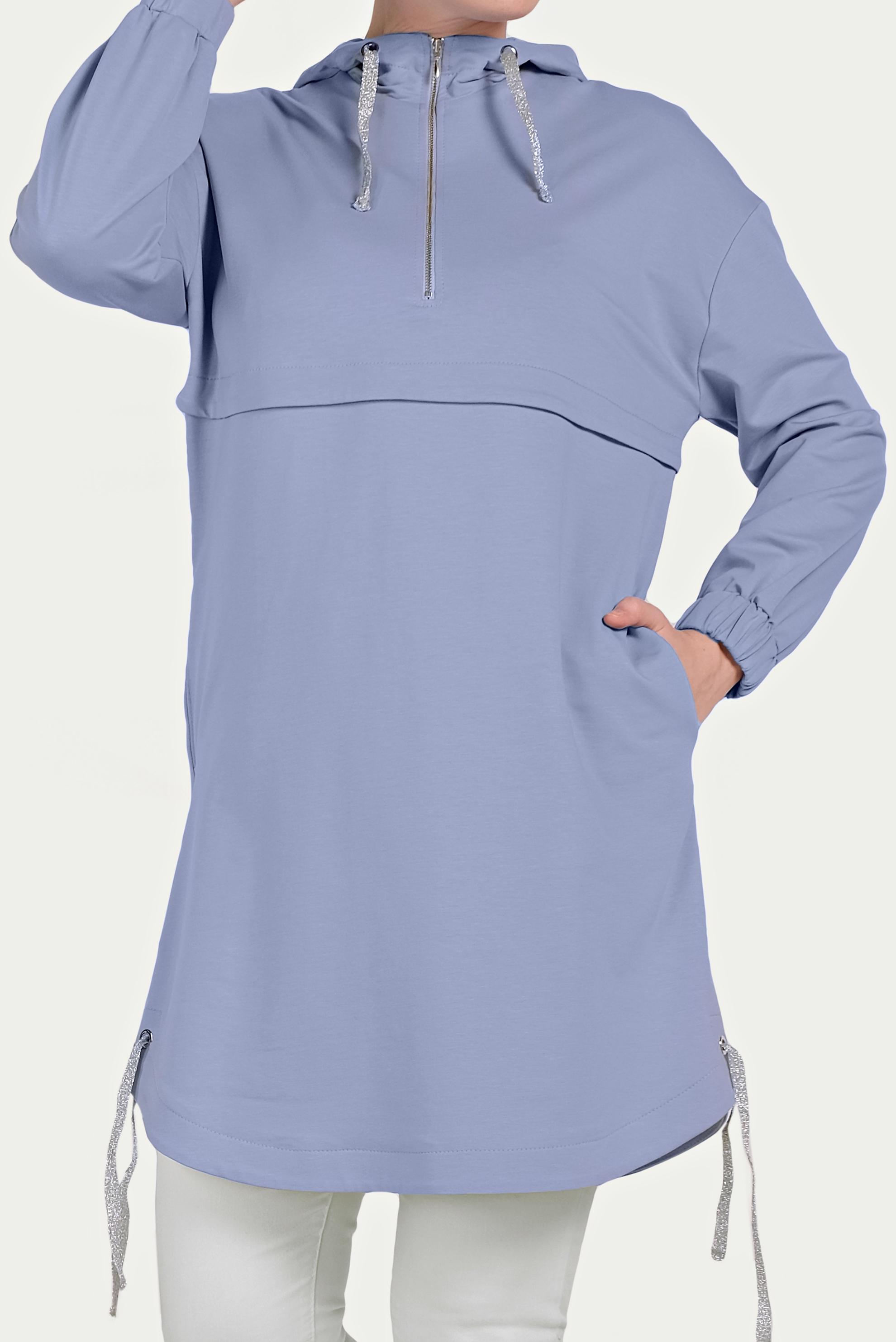 Tesettür giyim MAVİ MANŞETLERİ LASTİKLİ KAPÜŞONLU TUNİK 40467