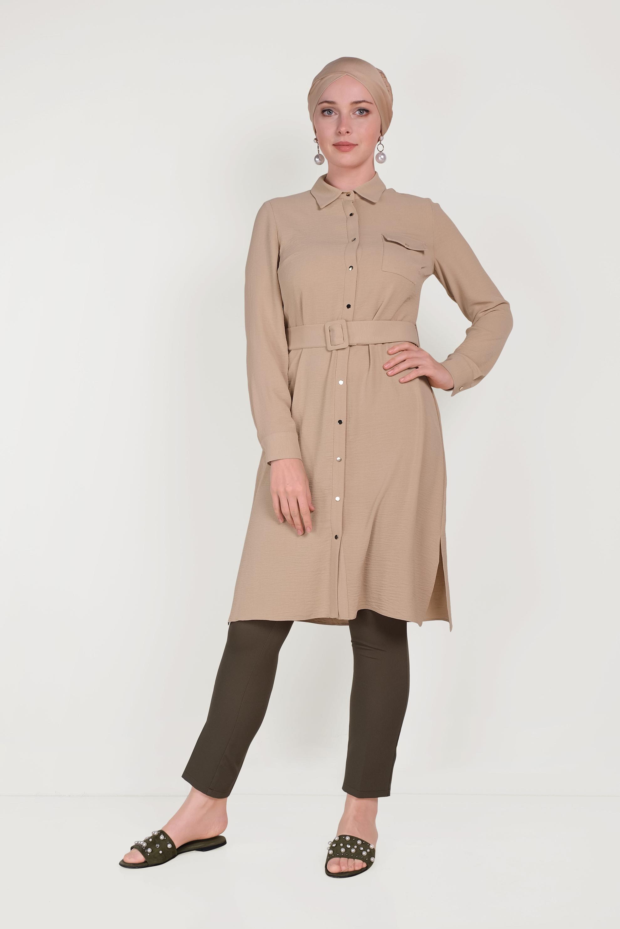 Tesettür giyim KAHVE BOYDAN DÜĞMELİ ERKEK YAKA TUNİK 40468