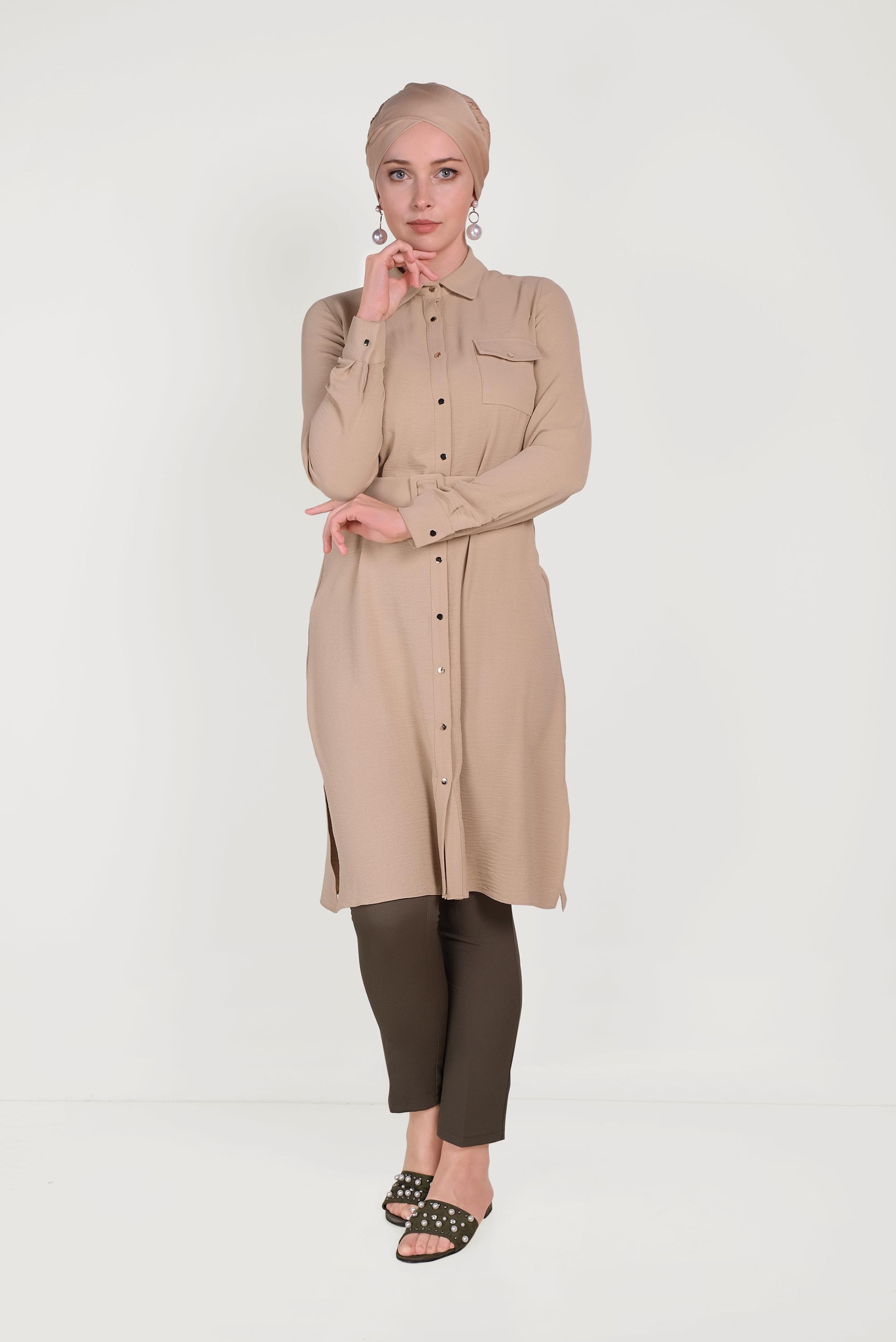 Tesettür giyim KAHVE BOYDAN DÜĞMELİ ERKEK YAKA TUNİK 40468