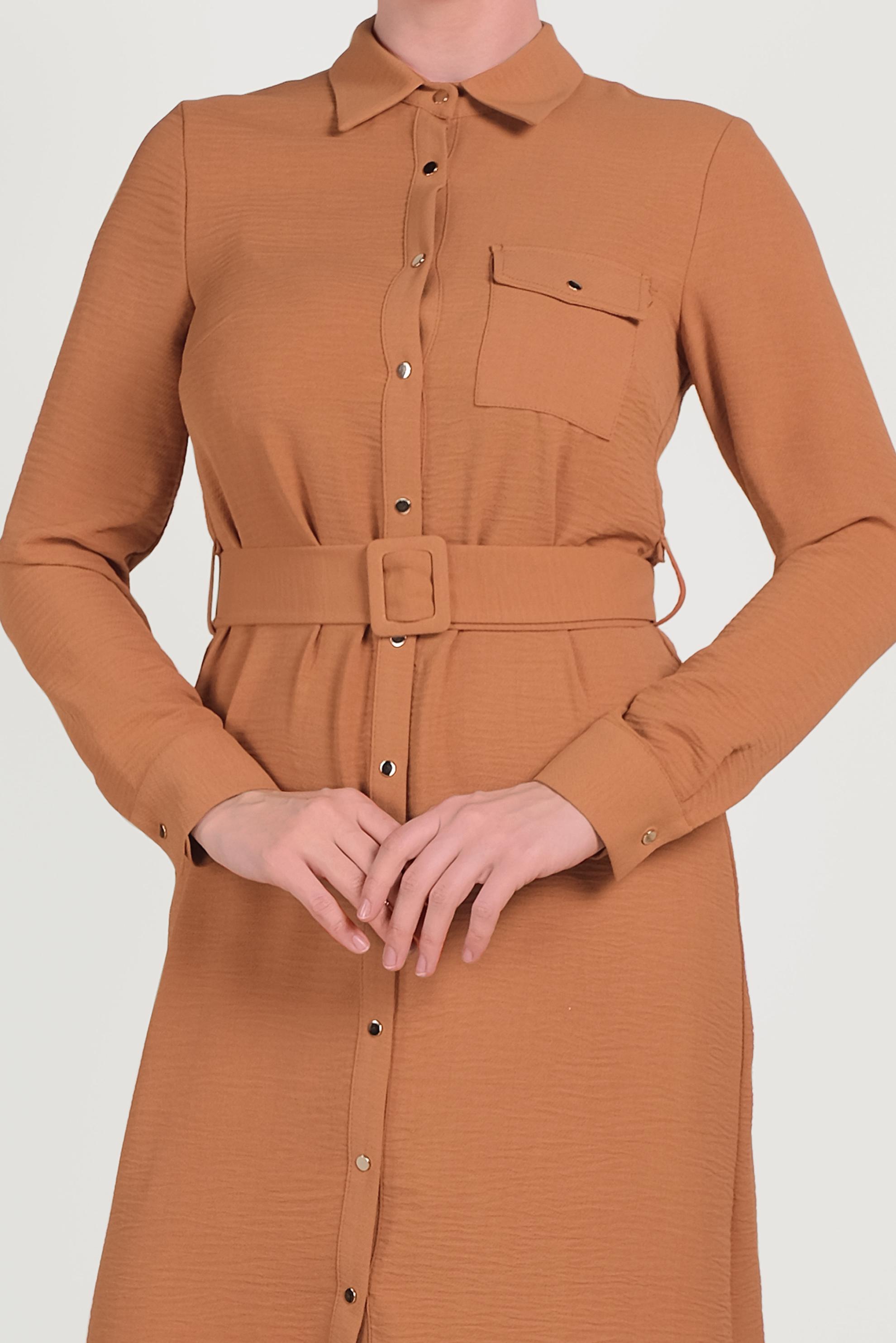 Tesettür giyim TABA BOYDAN DÜĞMELİ ERKEK YAKA TUNİK 40468