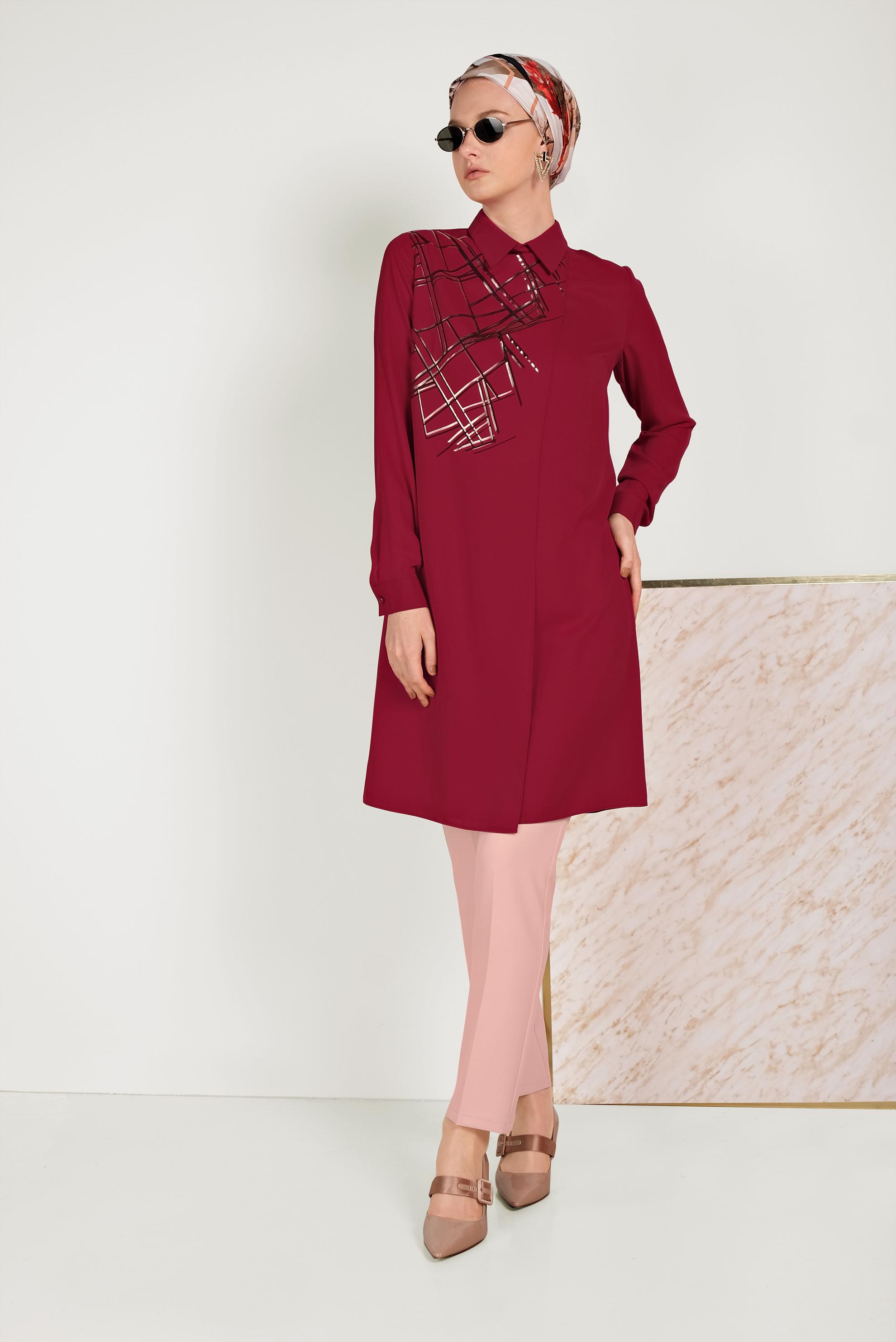 Tesettür giyim BORDO YALDIZ DETAYLI TUNİK 40469