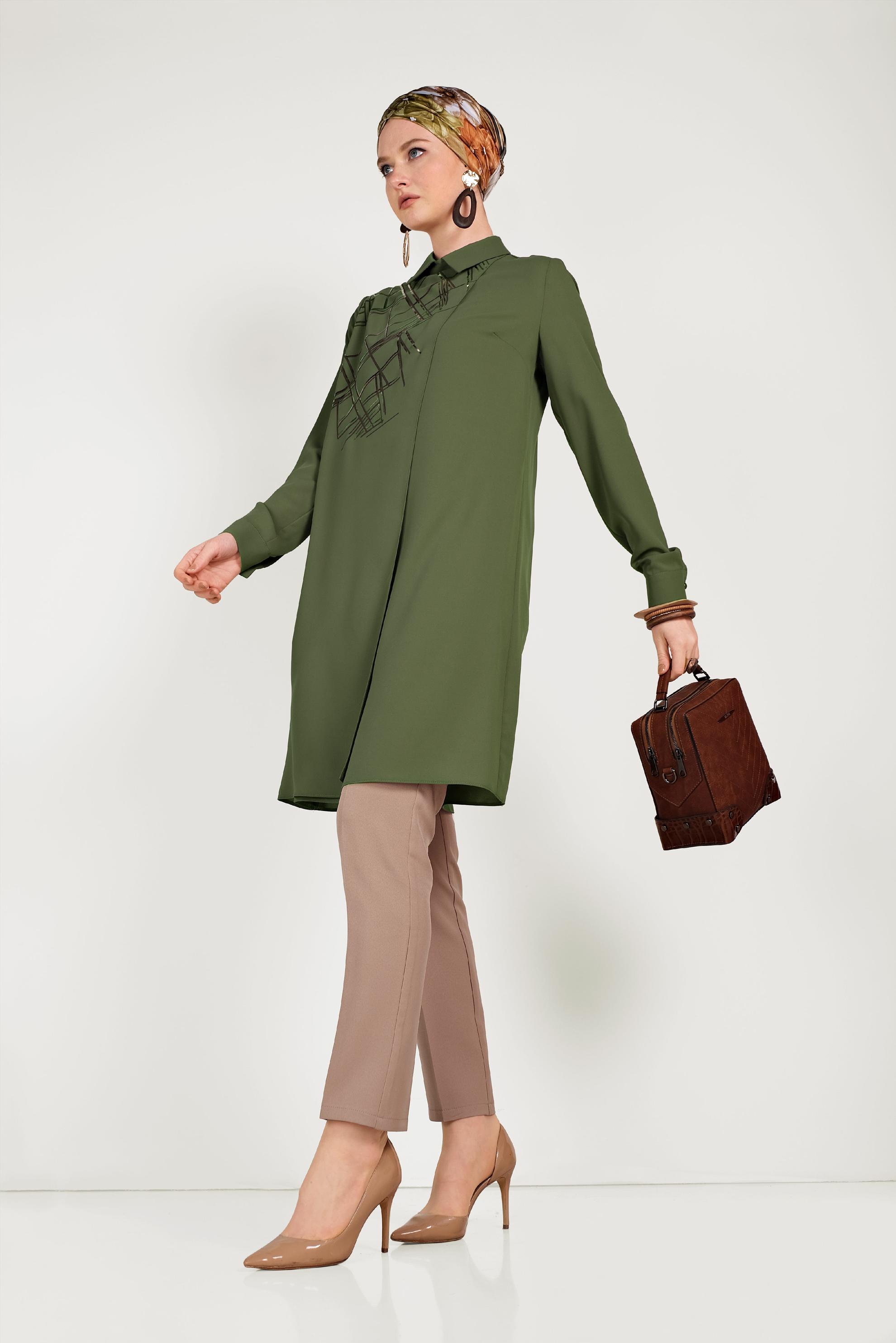 Tesettür giyim HAKİ YALDIZ DETAYLI TUNİK 40469