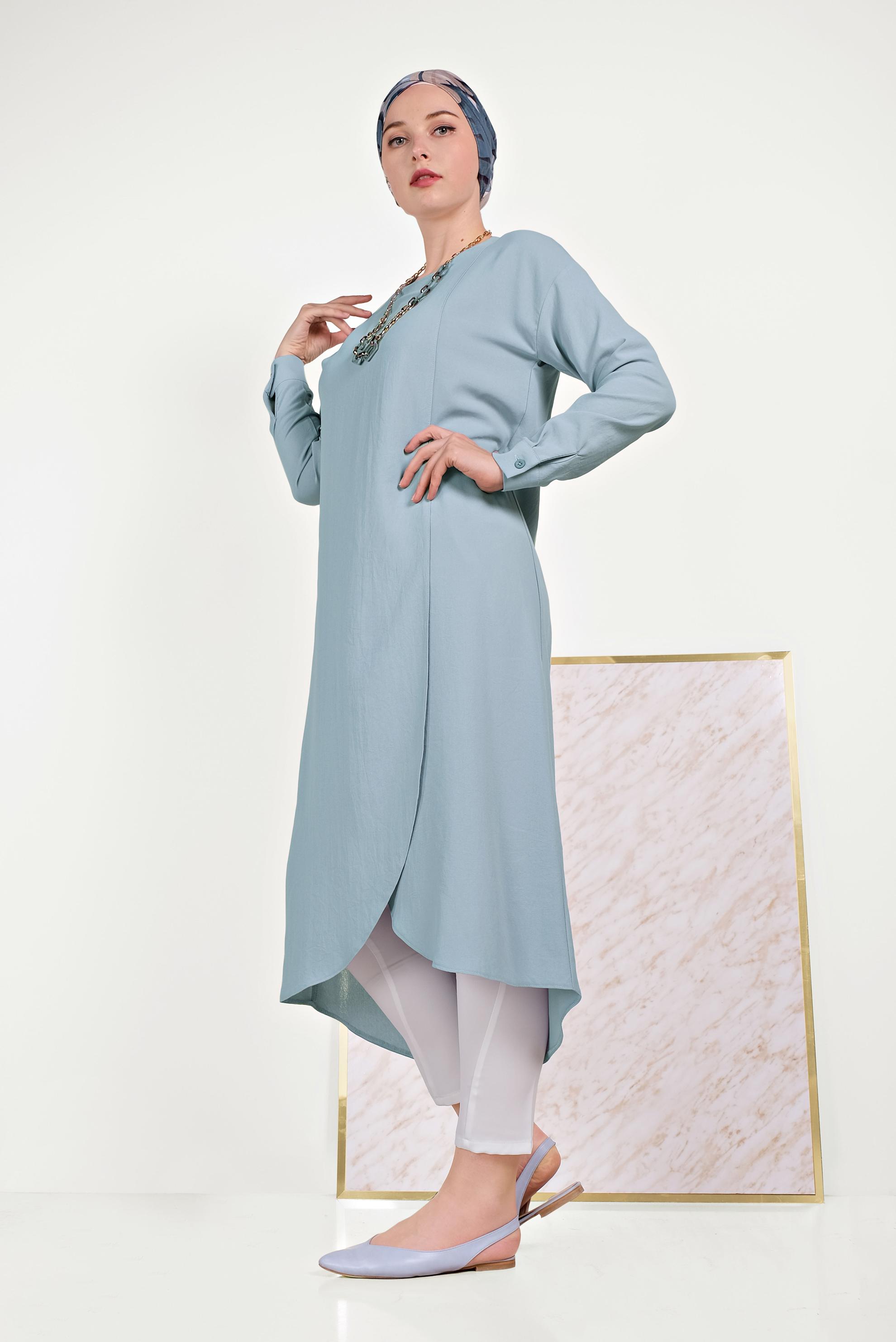 Tesettür giyim MAVİ ASİMETRİK KESİM FERMUARLI TUNİK 40470