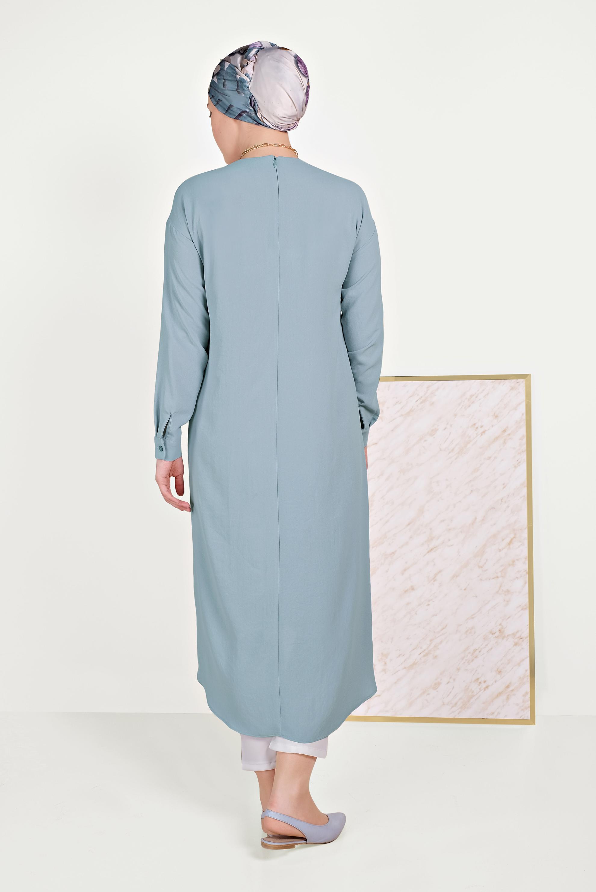 Tesettür giyim MAVİ ASİMETRİK KESİM FERMUARLI TUNİK 40470