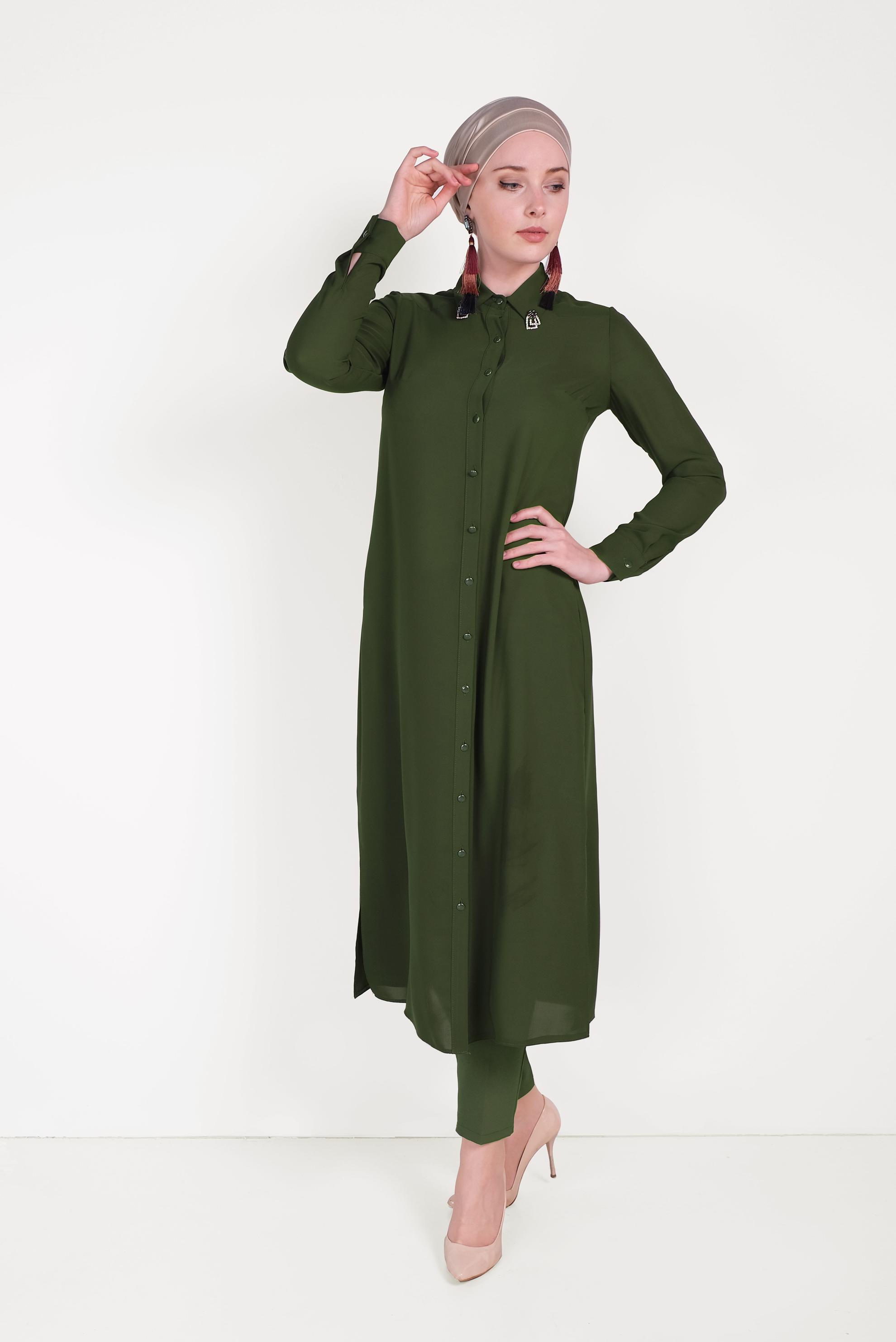 Tesettür giyim HAKİ YAKASI TAŞLI TUNİK 40471