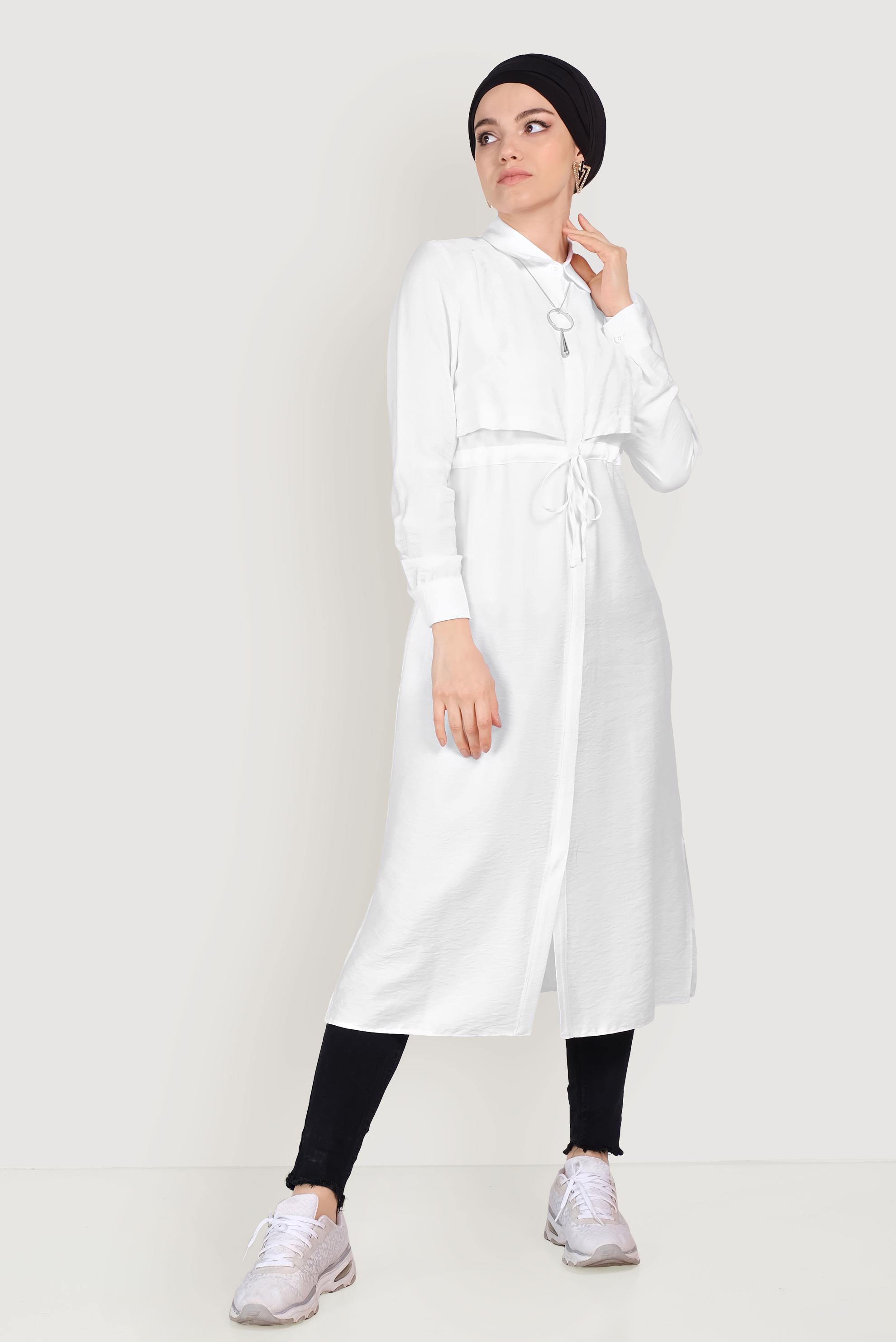 Tesettür giyim BEYAZ BELİ BÜZGÜLÜ TUNİK 40472