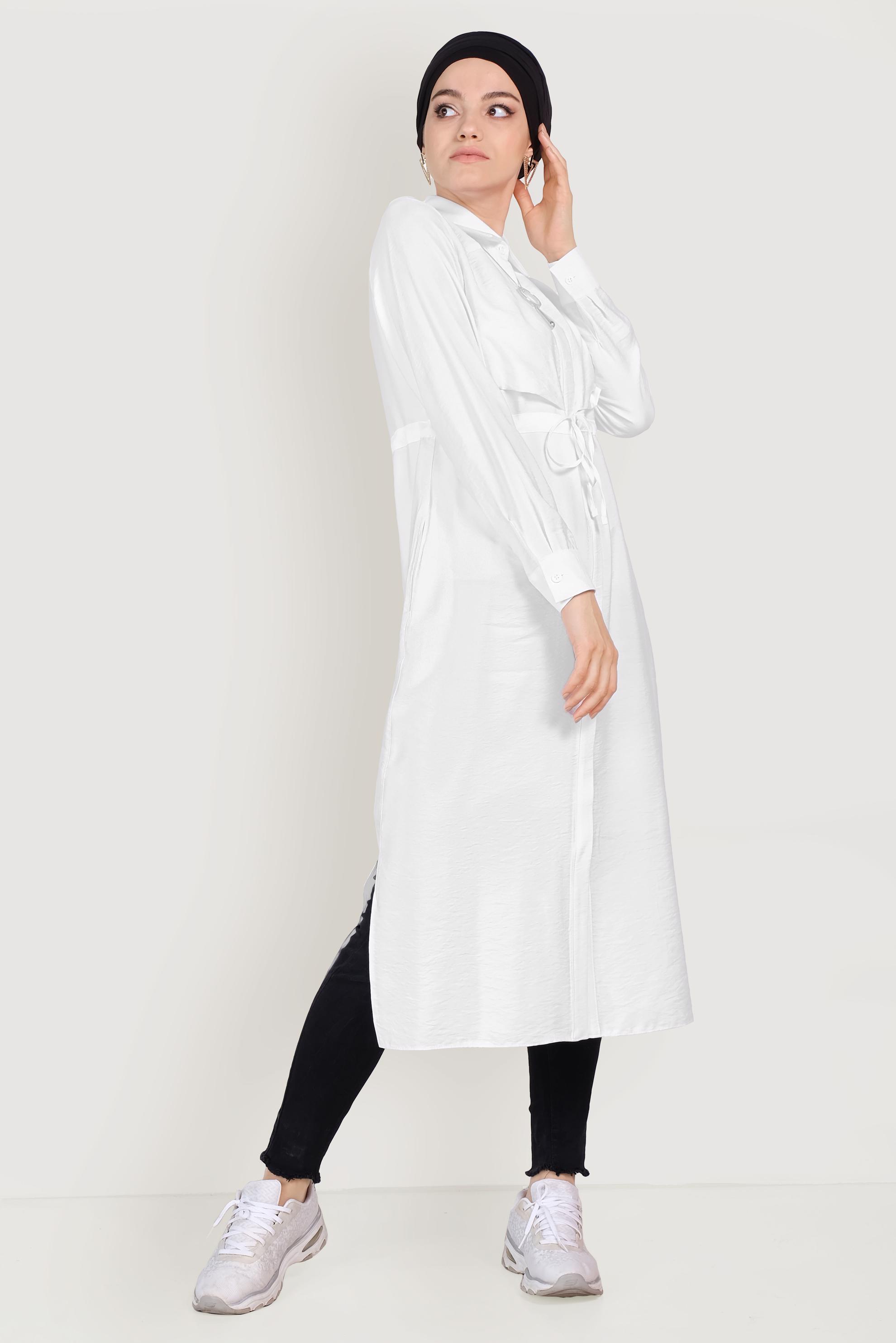 Tesettür giyim BEYAZ BELİ BÜZGÜLÜ TUNİK 40472