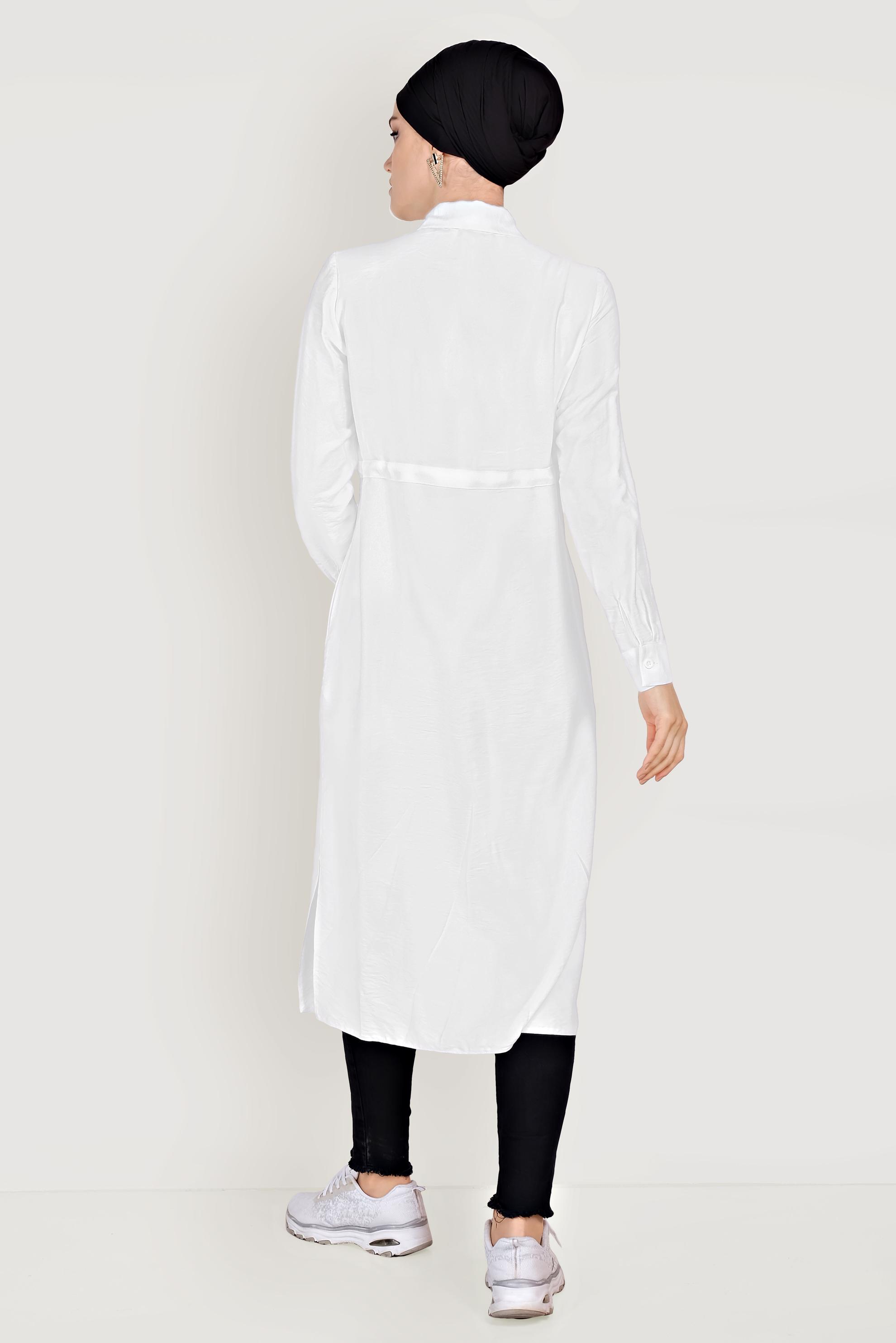 Tesettür giyim BEYAZ BELİ BÜZGÜLÜ TUNİK 40472