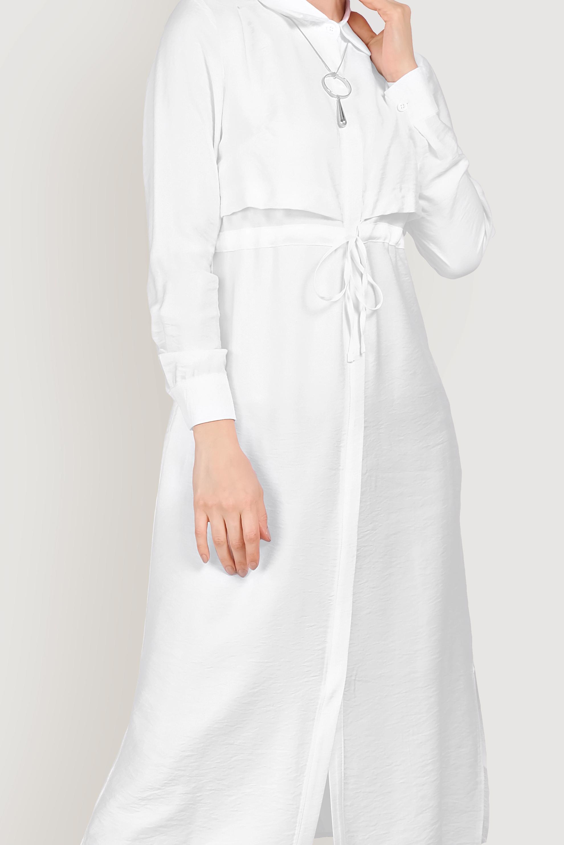 Tesettür giyim BEYAZ BELİ BÜZGÜLÜ TUNİK 40472