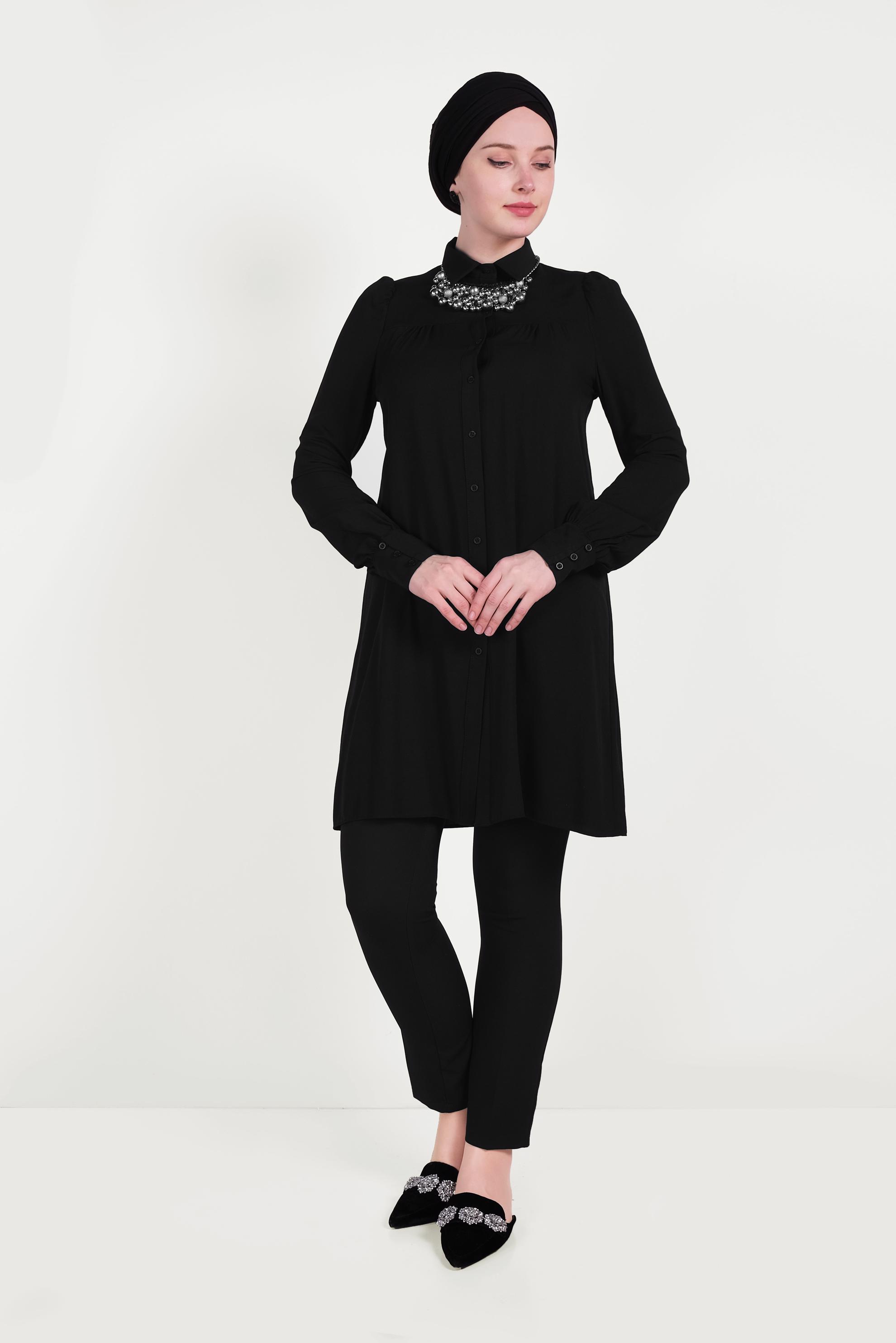 Tesettür giyim SİYAH ÖNDEN DÜĞMELİ TUNİK 40474