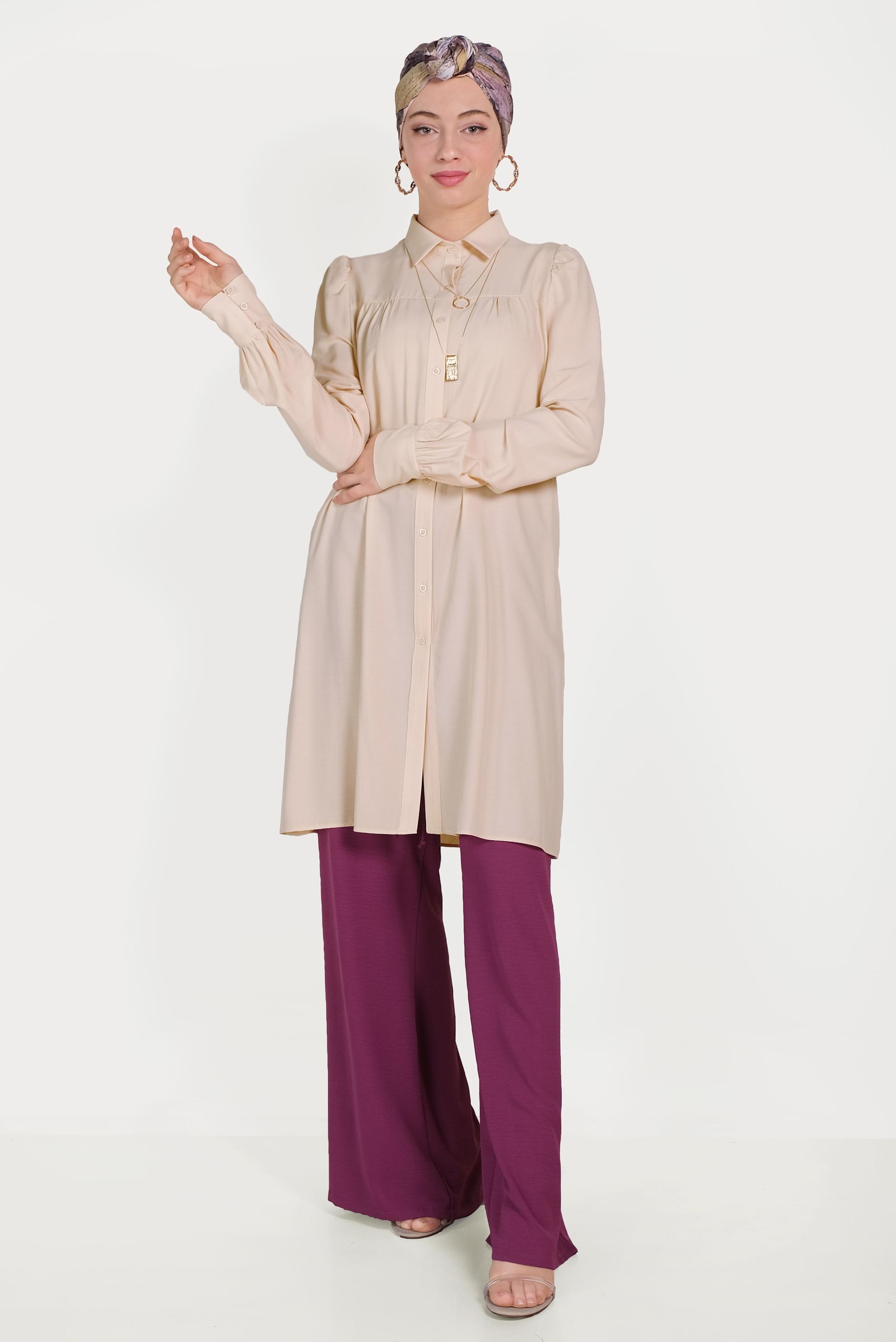 Tesettür giyim BEJ ÖNDEN DÜĞMELİ TUNİK 40474