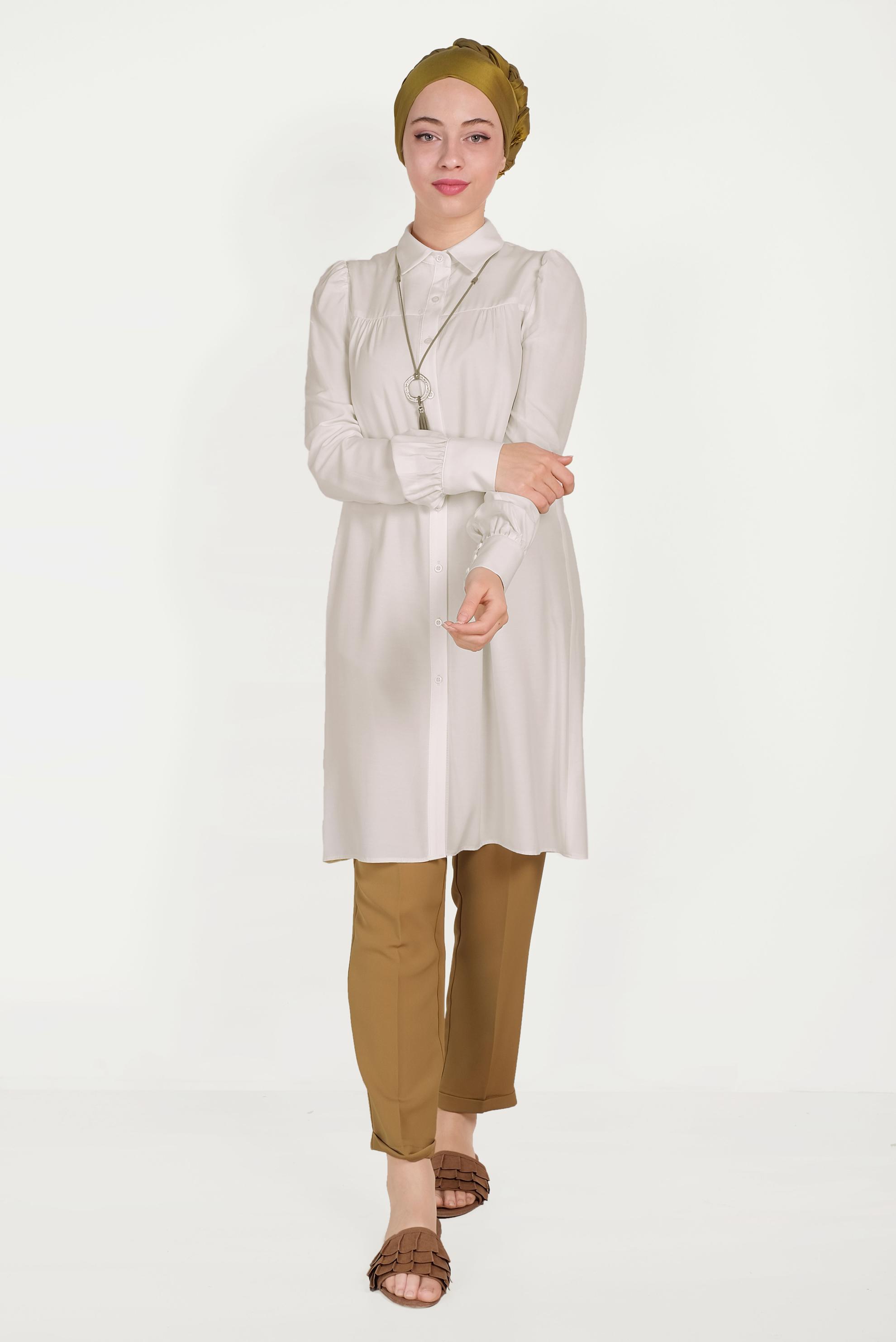 Tesettür giyim EKRU ÖNDEN DÜĞMELİ TUNİK 40474