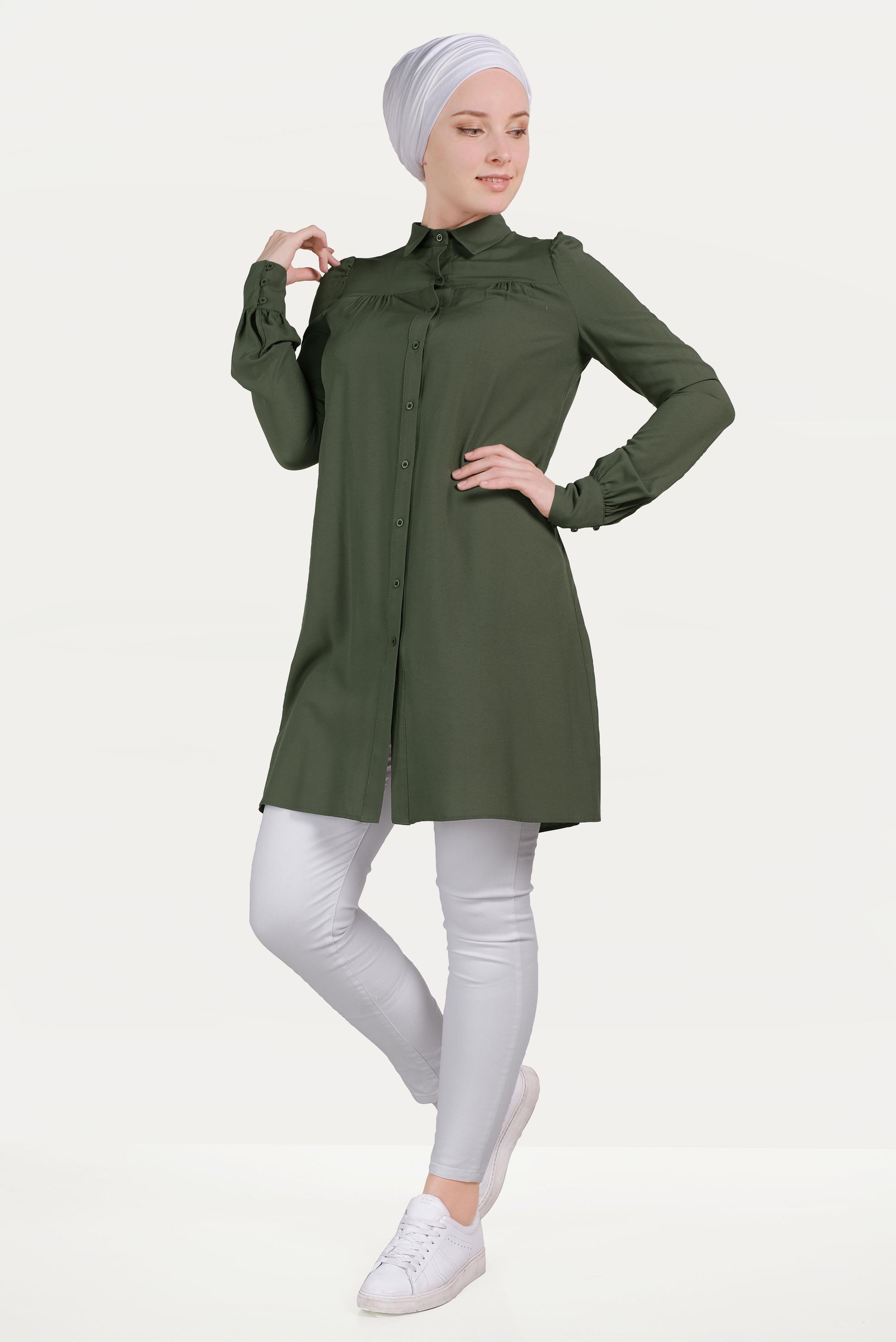 Tesettür giyim HAKİ ÖNDEN DÜĞMELİ TUNİK 40474