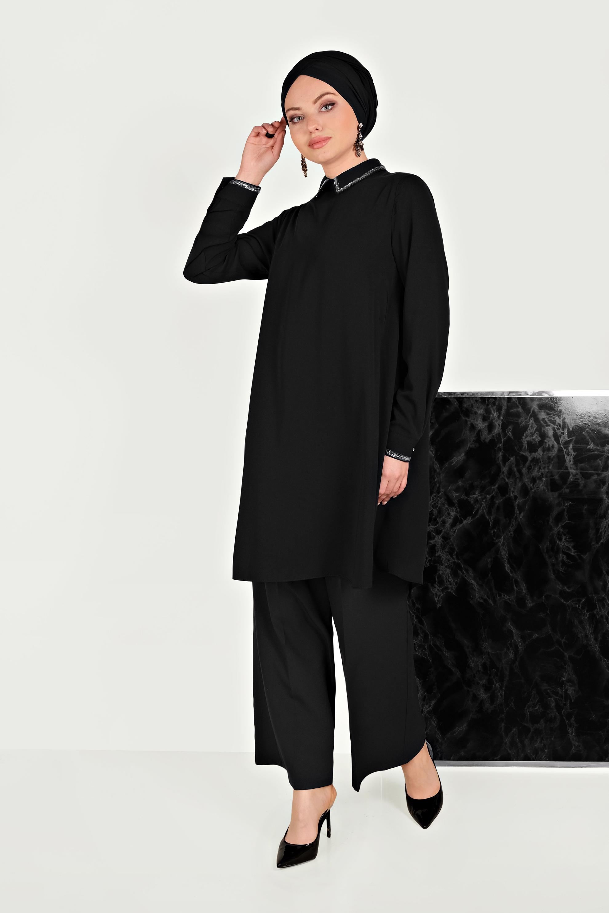 Tesettür giyim SİYAH GÜMÜŞ DETAYLI TUNİK 40475