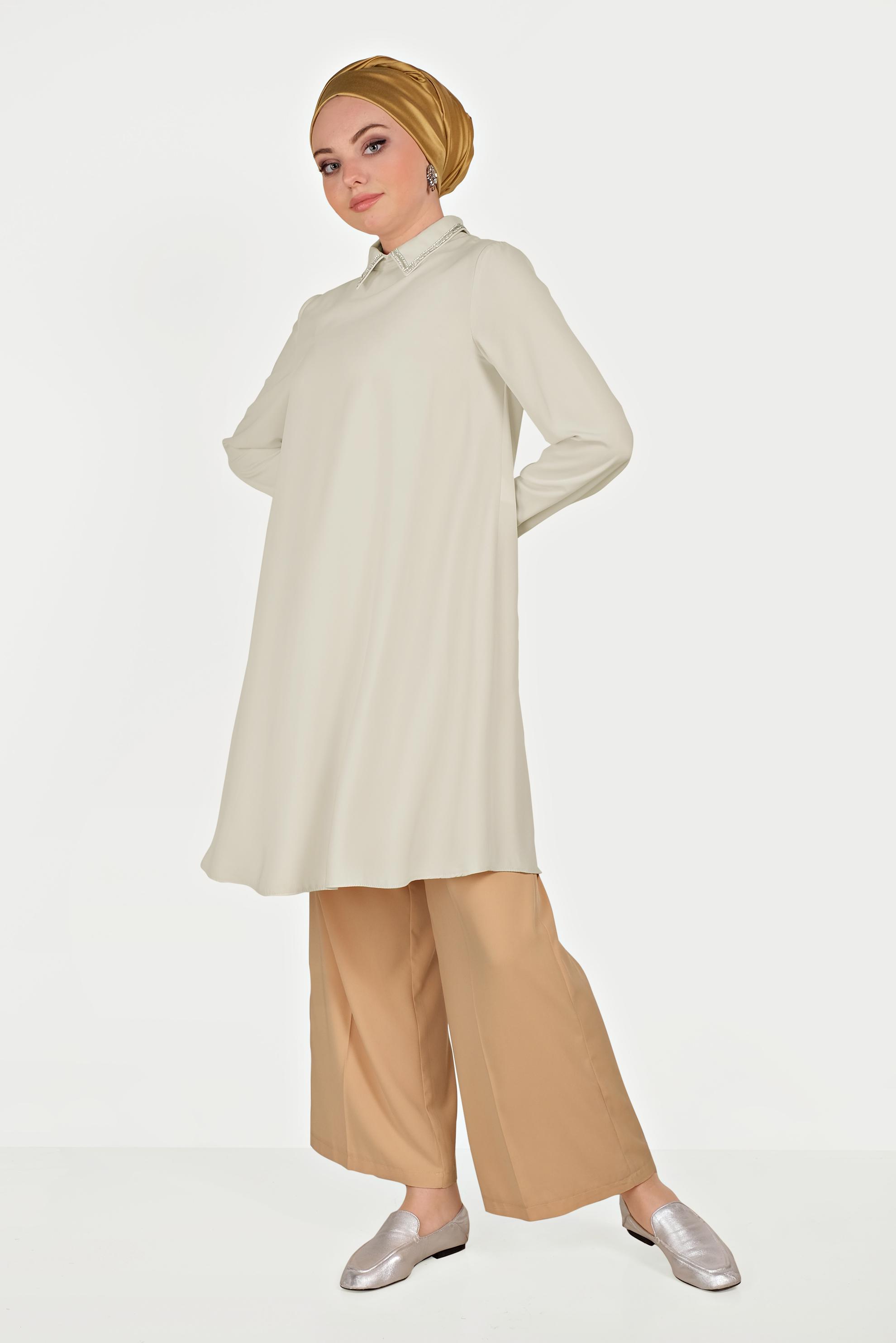 Tesettür giyim BEJ GÜMÜŞ DETAYLI TUNİK 40475