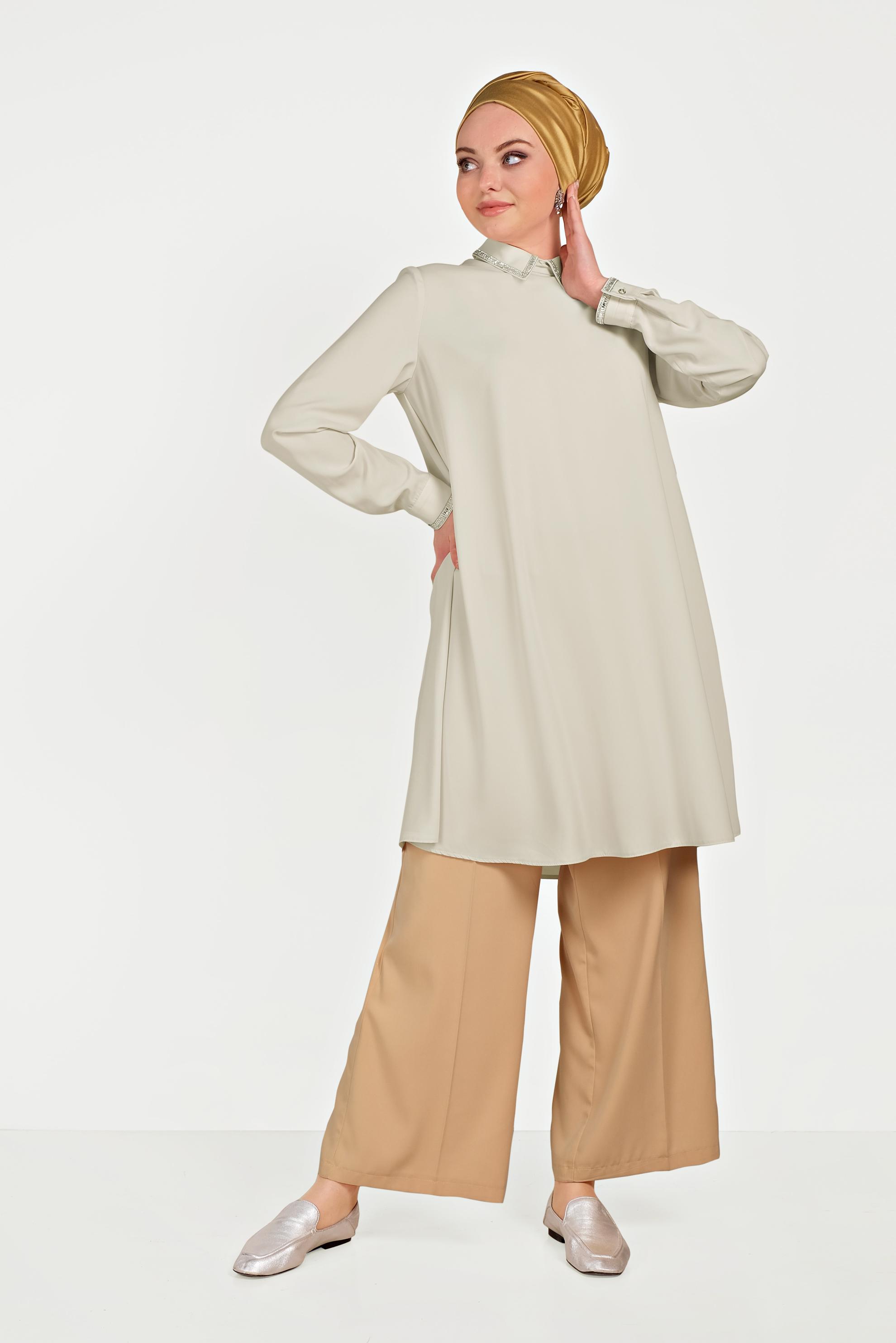 Tesettür giyim BEJ GÜMÜŞ DETAYLI TUNİK 40475