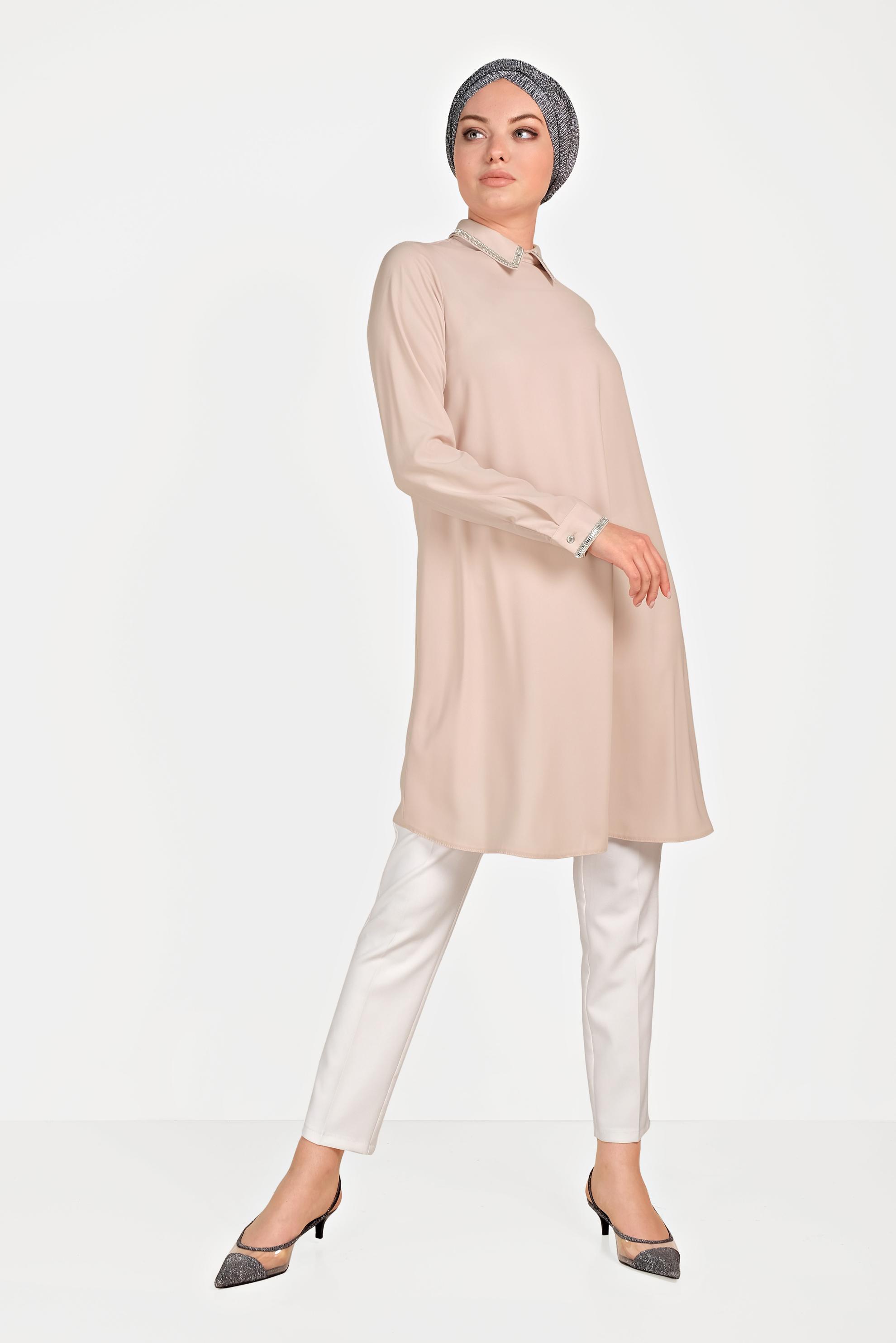 Tesettür giyim PUDRA GÜMÜŞ DETAYLI TUNİK 40475