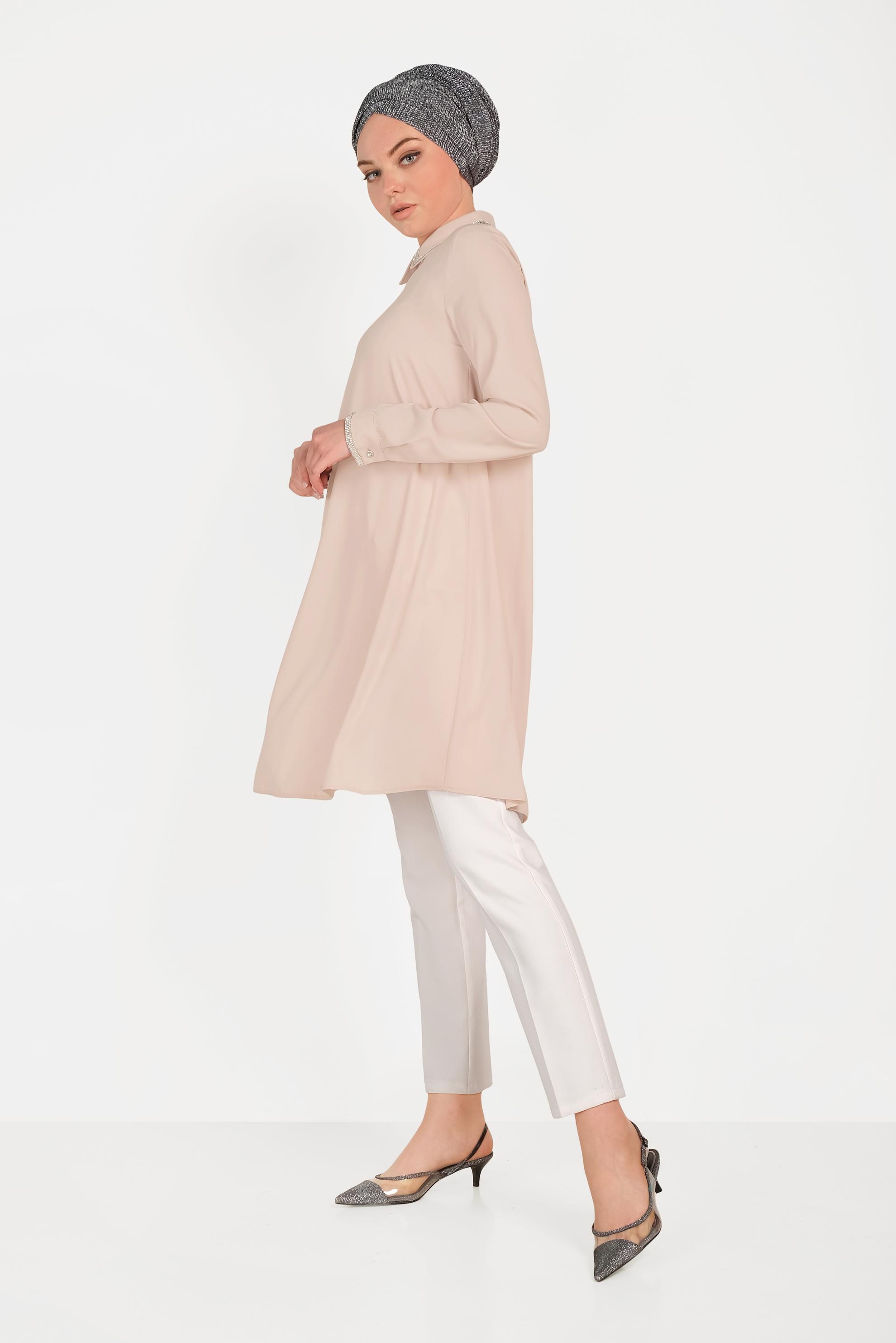 Tesettür giyim PUDRA GÜMÜŞ DETAYLI TUNİK 40475