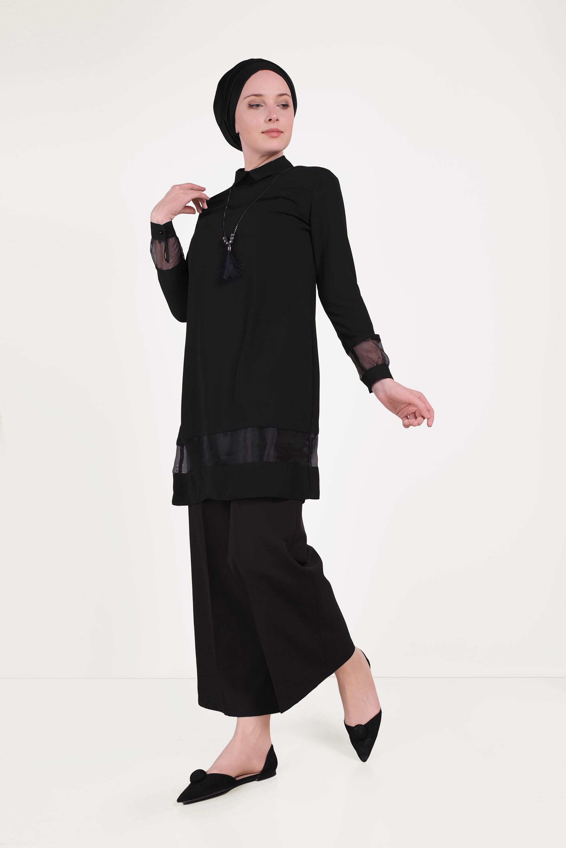 Tesettür giyim SİYAH TRANSPARAN TÜL DETAYLI TUNİK 40480